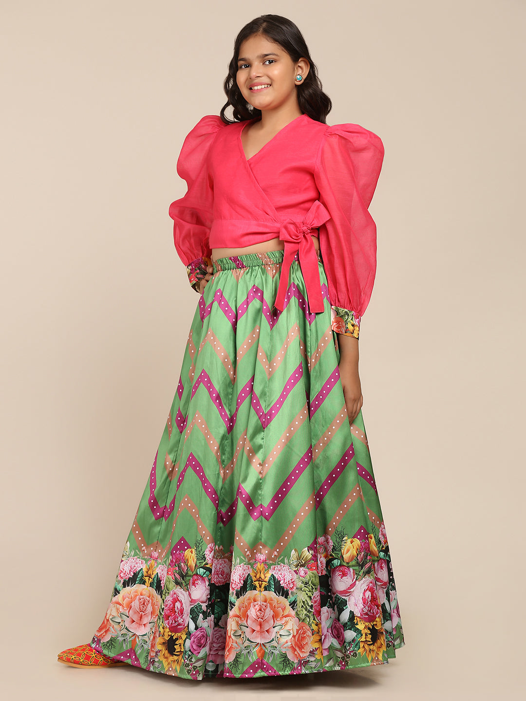 Girls Pink & Choli Green Digital Printed Ready To Wear Lehenga - Bitiya By Bhama