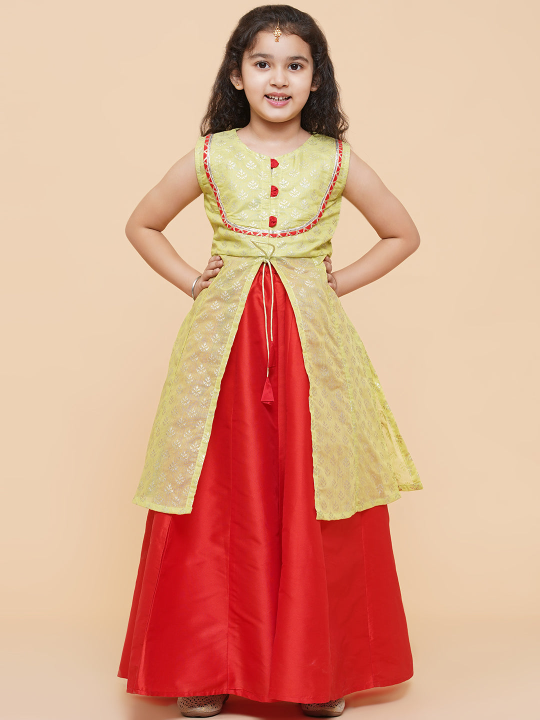 Girls Lime Green & Red Printed Foil Print Ready To Wear Lehenga & Choli - Bitiya By Bhama