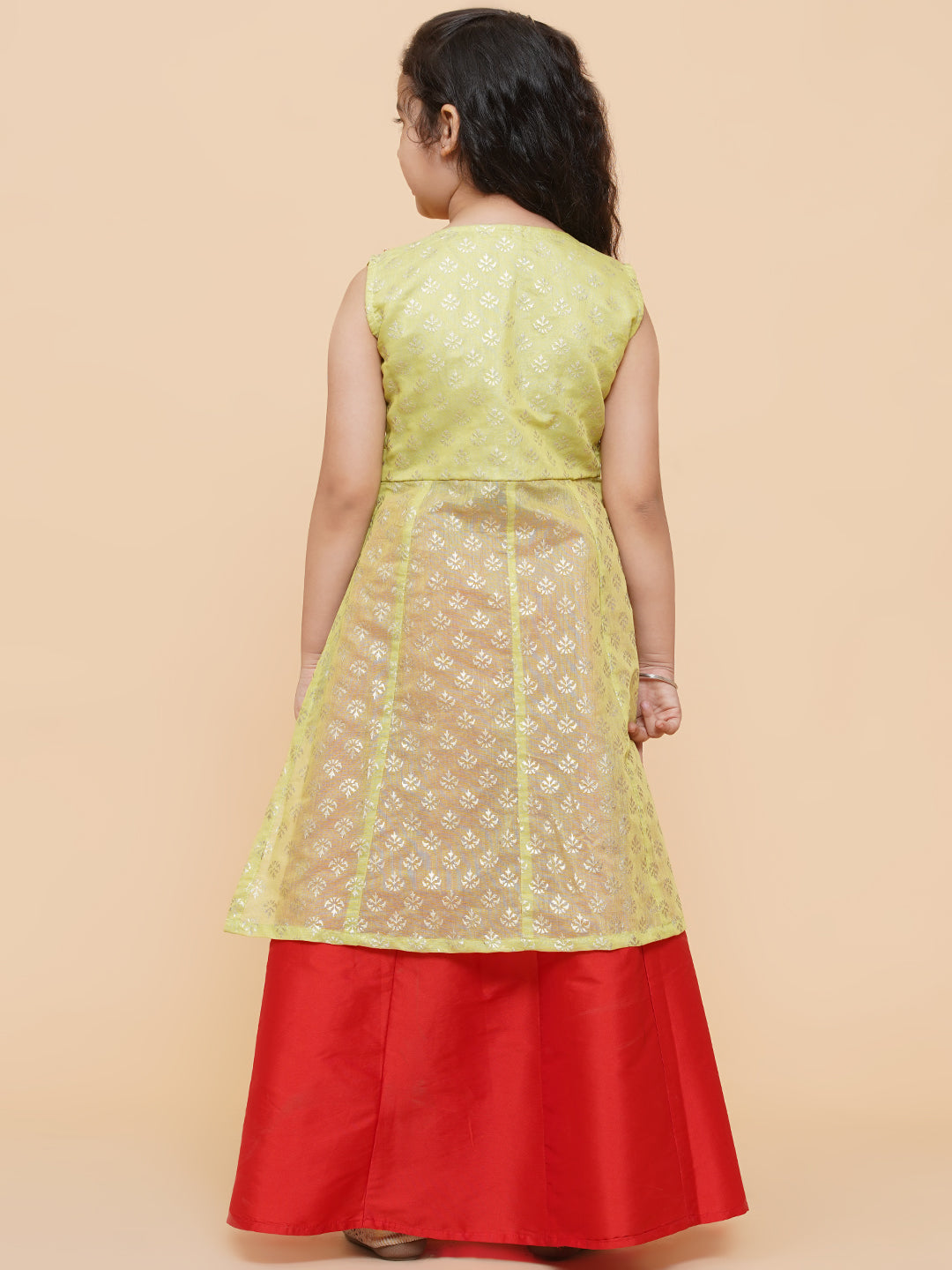 Girls Lime Green & Red Printed Foil Print Ready To Wear Lehenga & Choli - Bitiya By Bhama