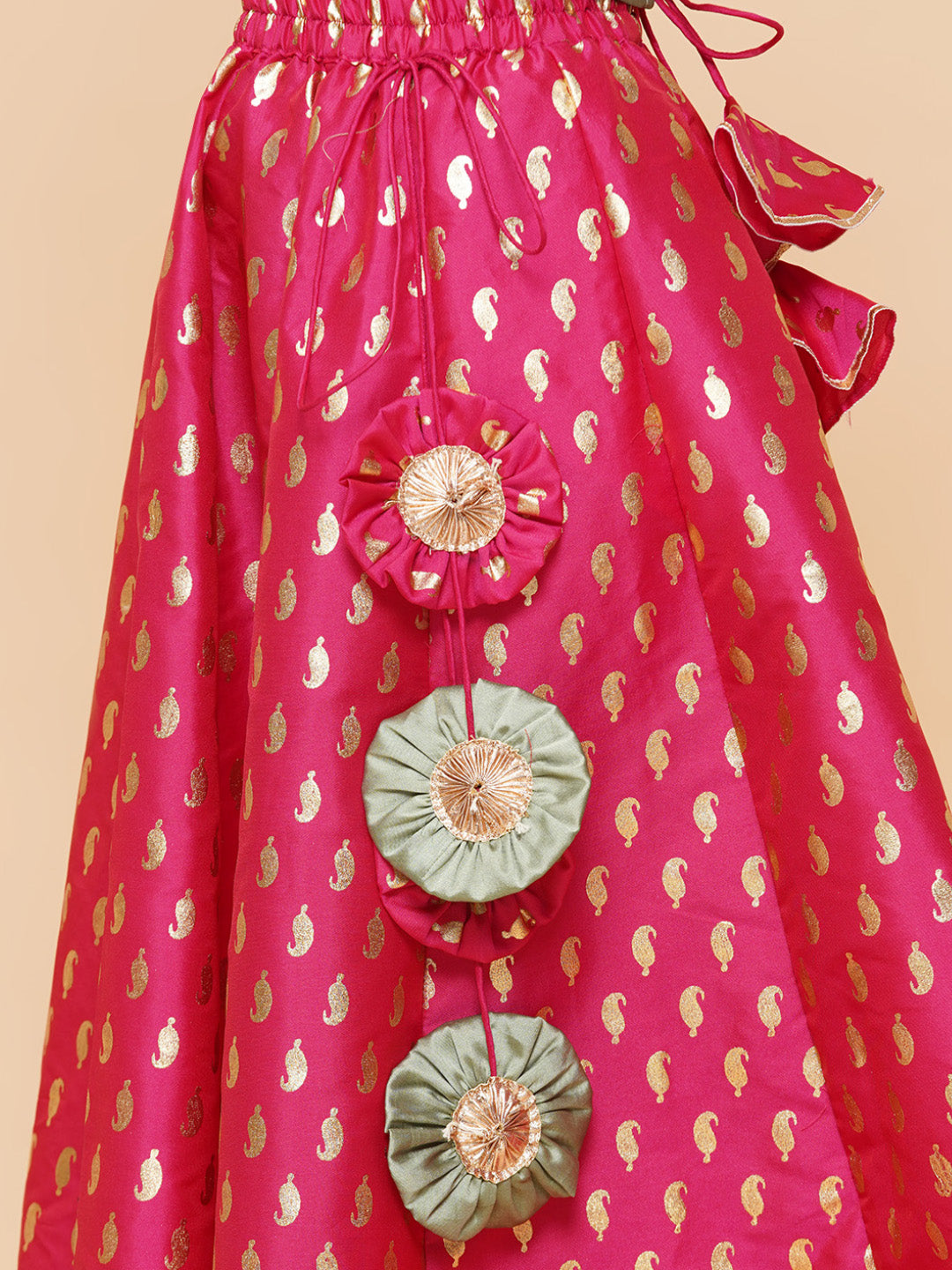 Girls Green & Pink Embroidered Foil Print Ready To Wear Lehenga Choli - Bitiya By Bhama