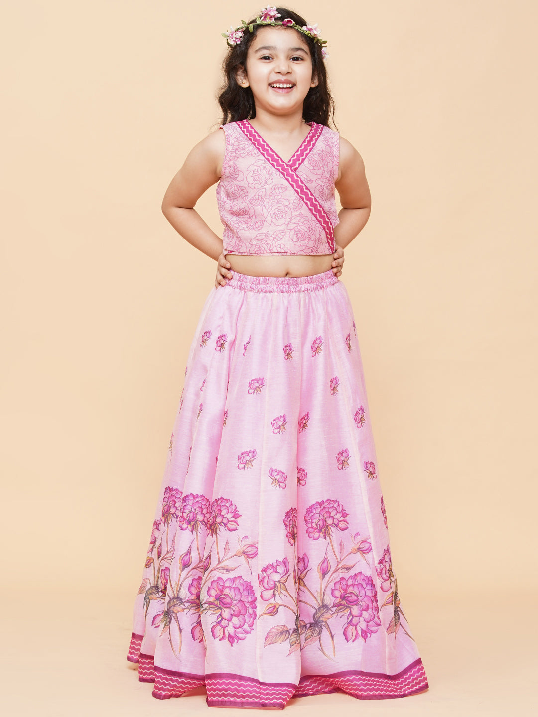Girls Pink & Lavender Printed Ready To Wear Lehenga With Blouse - Bitiya By Bhama