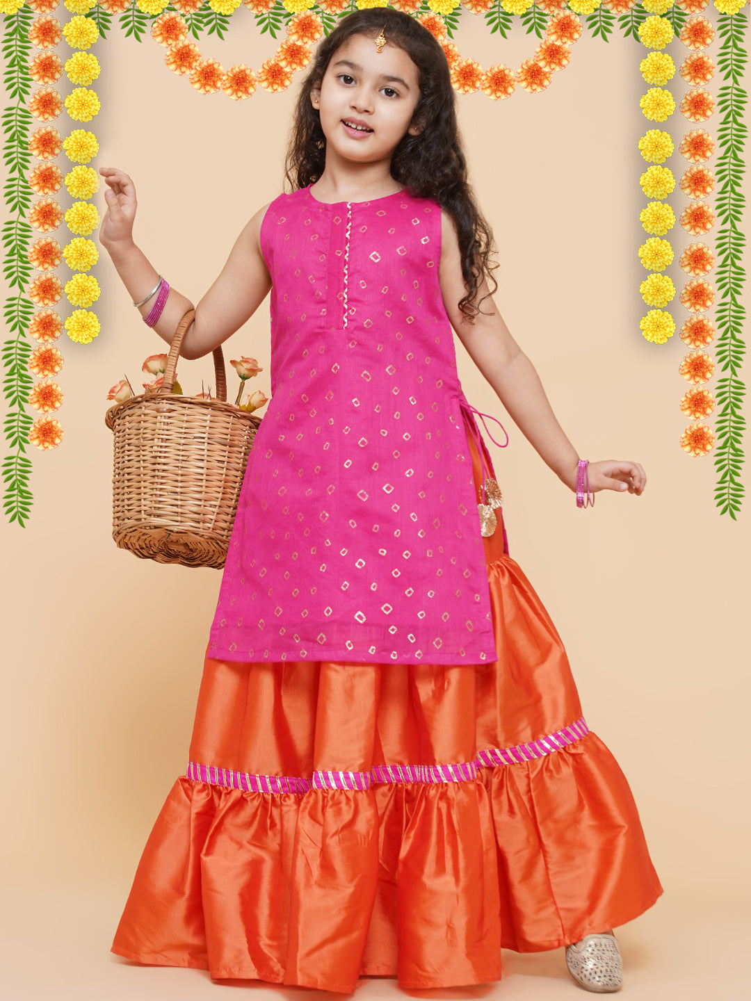 Girls Pink & Orange Printed Ready To Wear Lehenga Choli - Bitiya By Bhama