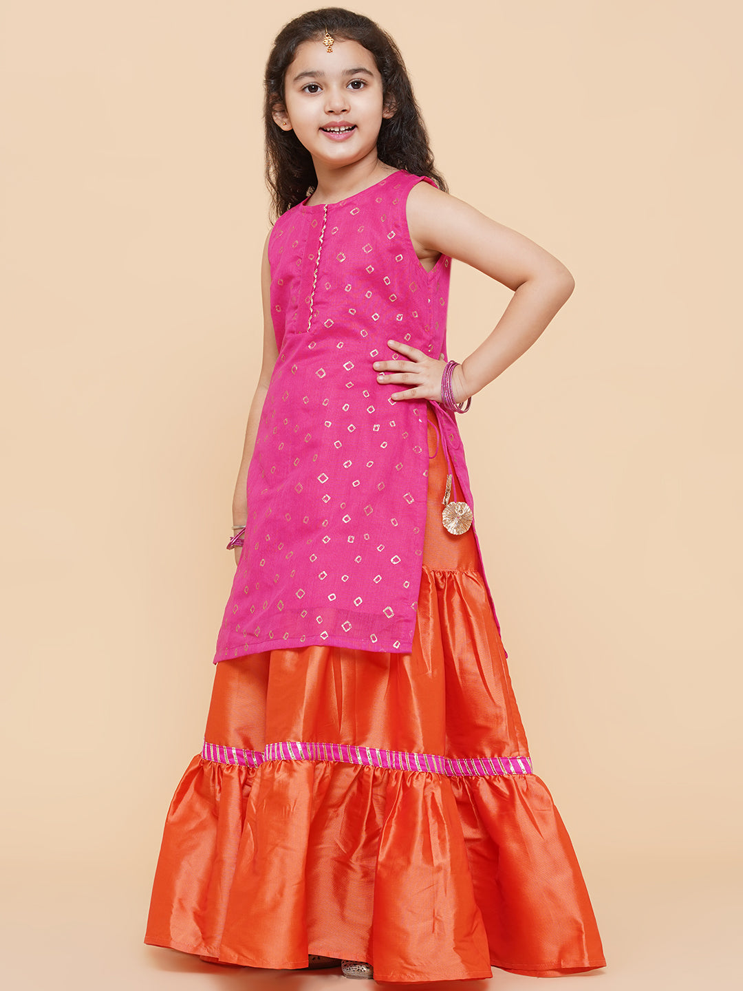 Girls Pink & Orange Printed Ready To Wear Lehenga Choli - Bitiya By Bhama