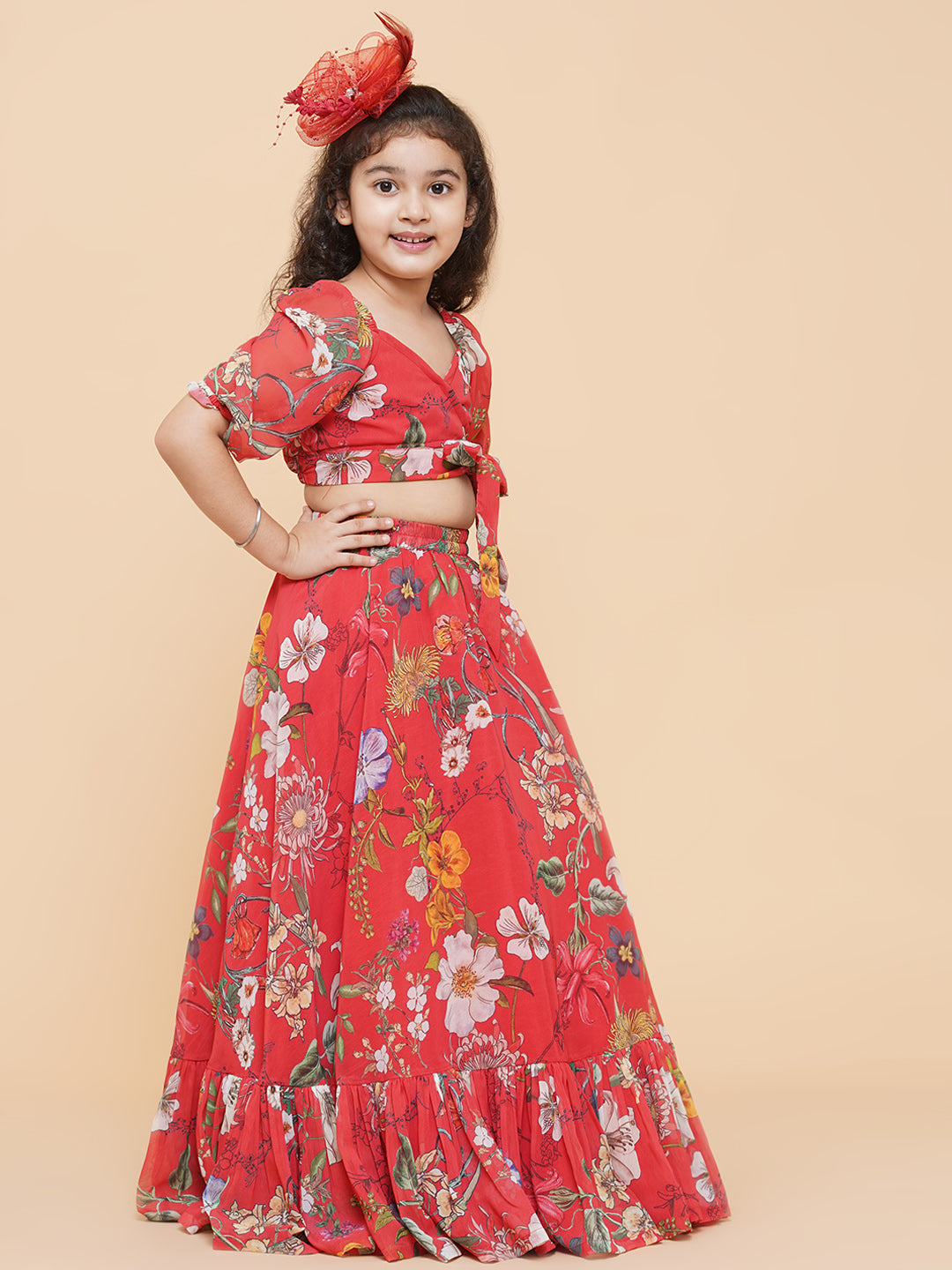 Girls Red Flower Digital Print Ready To Wear Lehenga Choli - Bitiya By Bhama