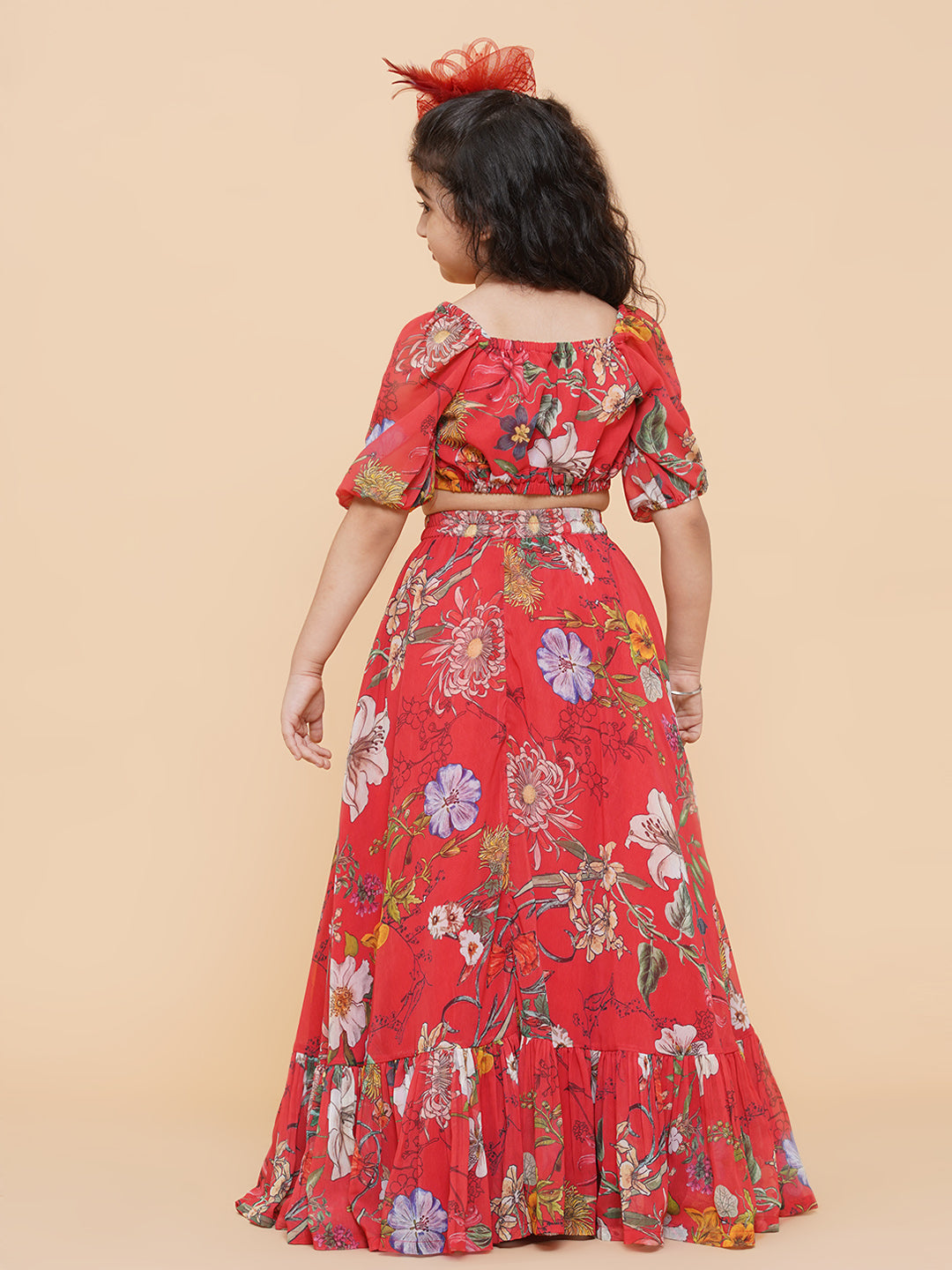 Girls Red Flower Digital Print Ready To Wear Lehenga Choli - Bitiya By Bhama
