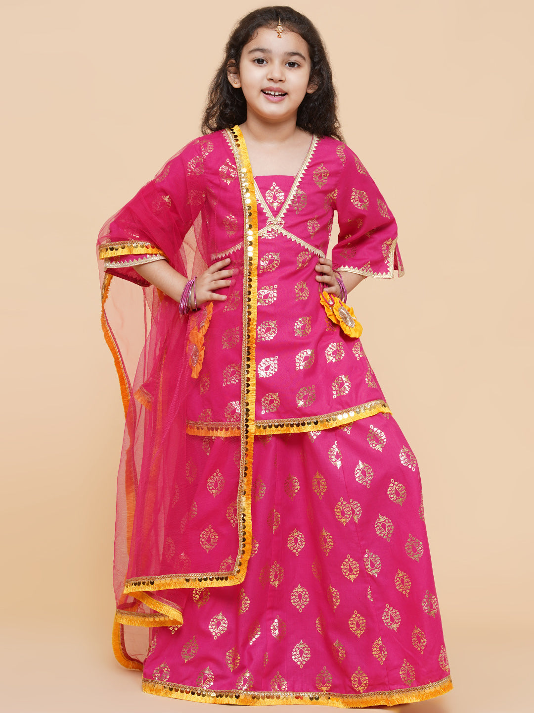 Girls Pink Foil Printed Ready To Wear Lehenga & Blouse With Dupatta - Bitiya By Bhama