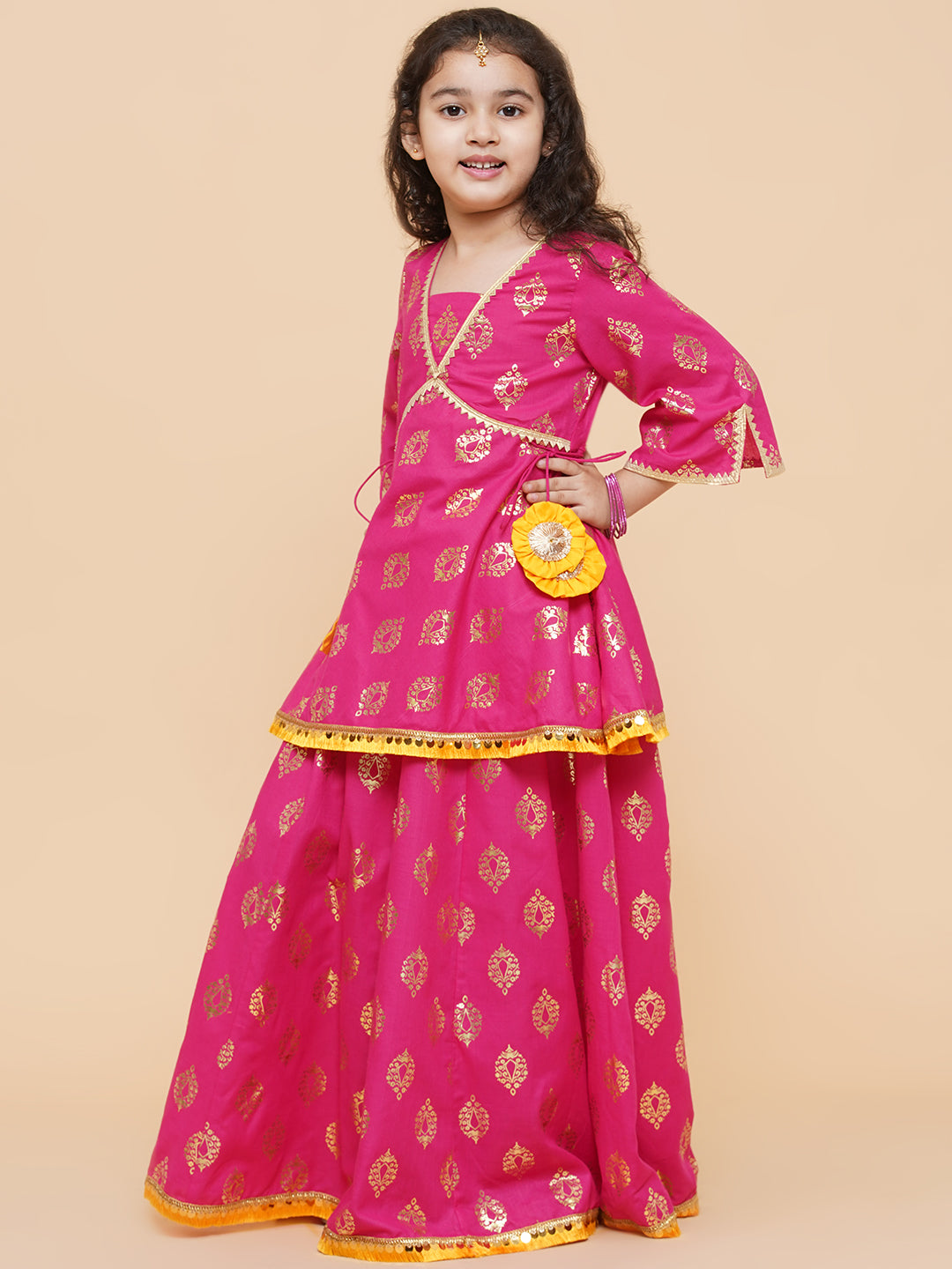 Girls Pink Foil Printed Ready To Wear Lehenga & Blouse With Dupatta - Bitiya By Bhama