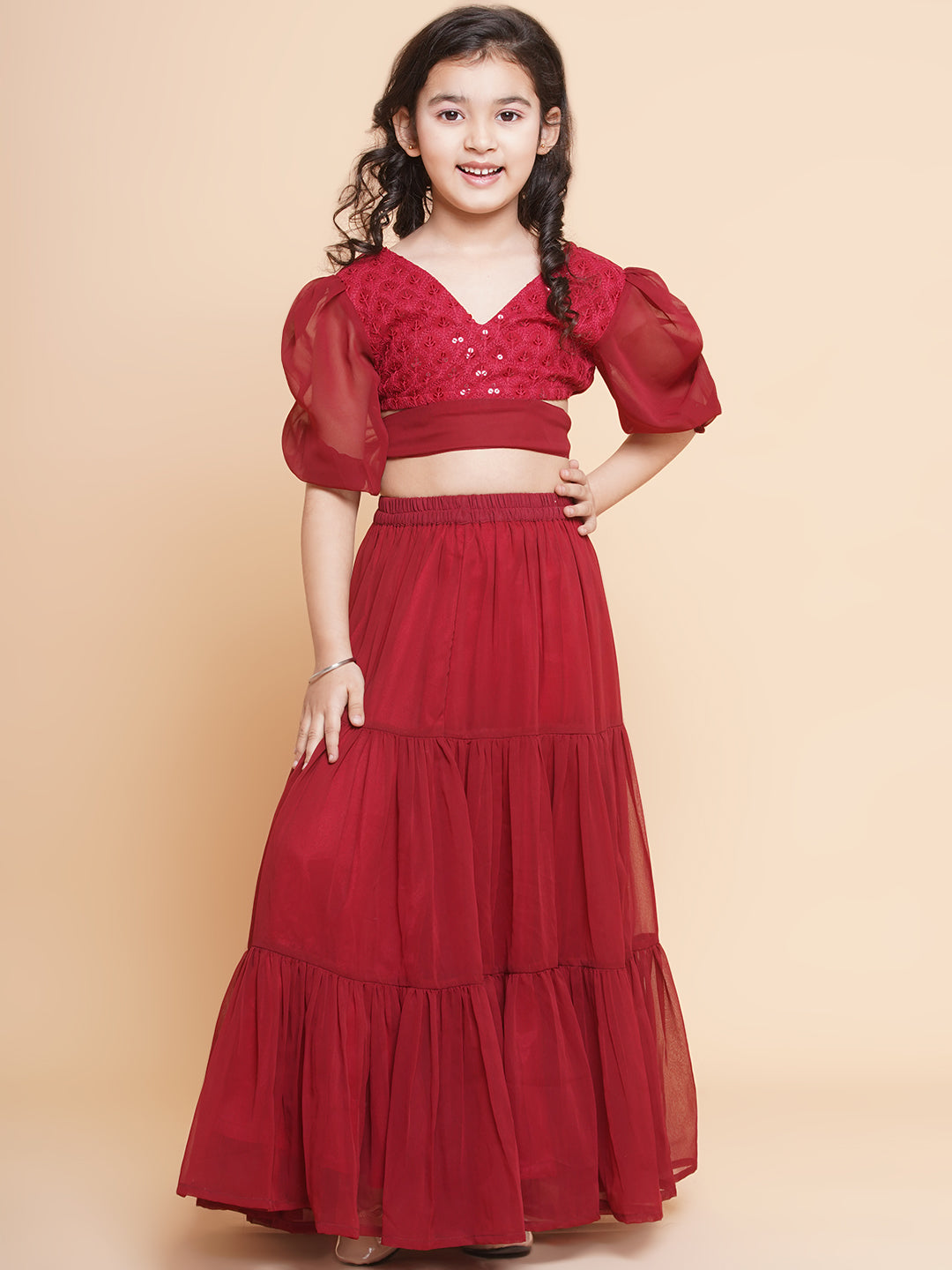 Girls Maroon Poly Georgette Embroidered Sequinned Choli Ready To Wear Lehenga - Bitiya By Bhama