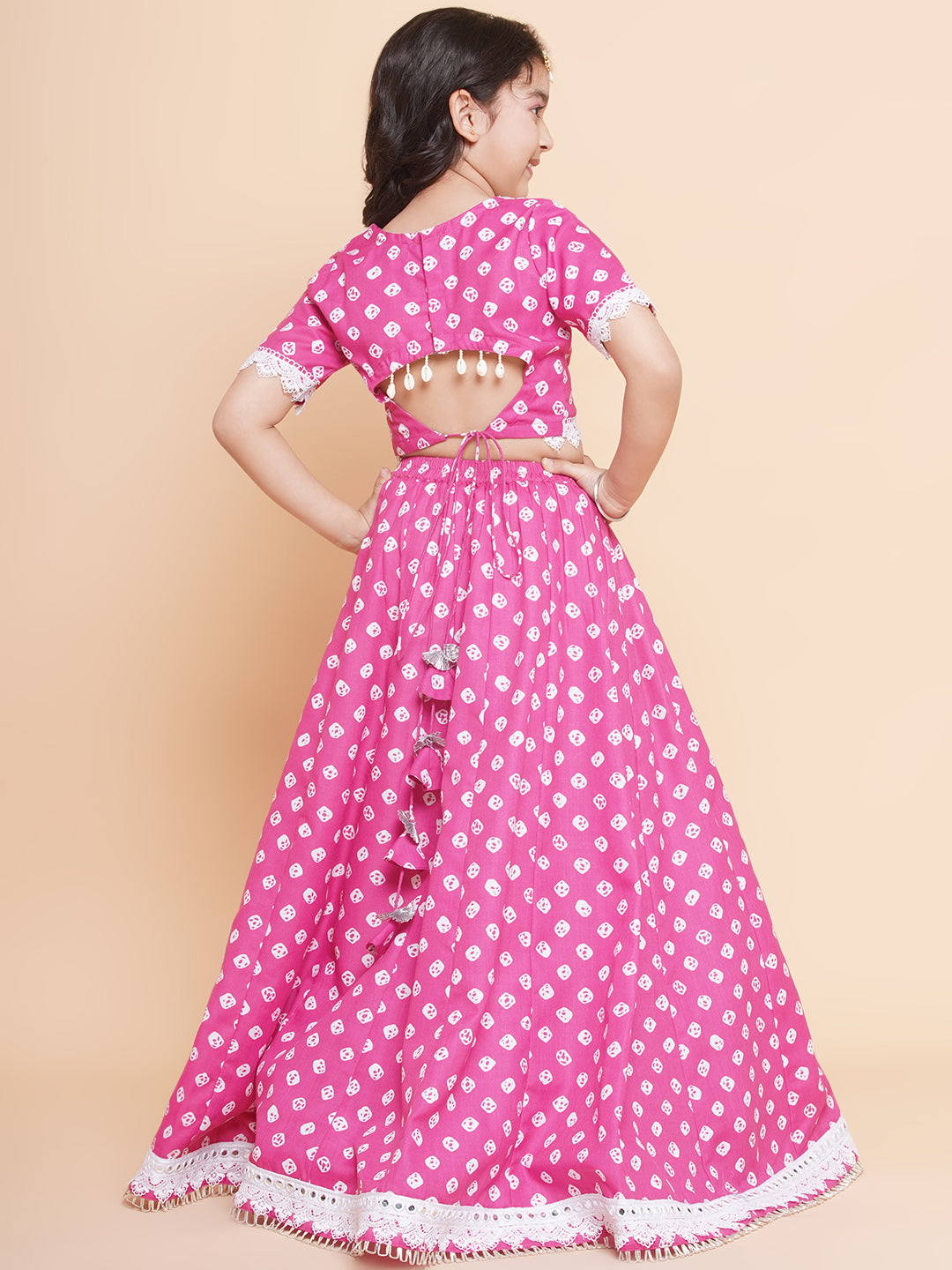 Girls Pink Bandhani Printed Lace Work Choli With Lehenga. - Bitiya By Bhama