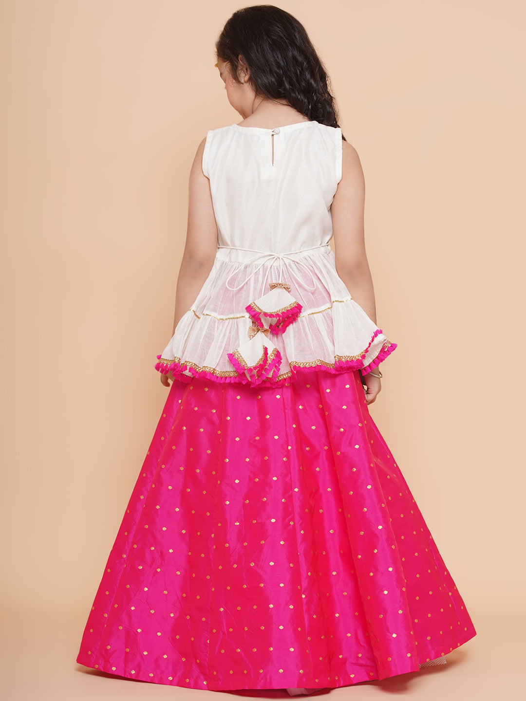 Girls Off White Embroidered Lace Work Choli With Pink Woven Booti Lehenga - Bitiya By Bhama