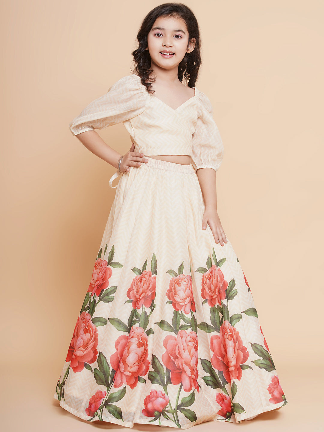 Girls Beige Rose Flower Ready To Wear Lehenga With Choli