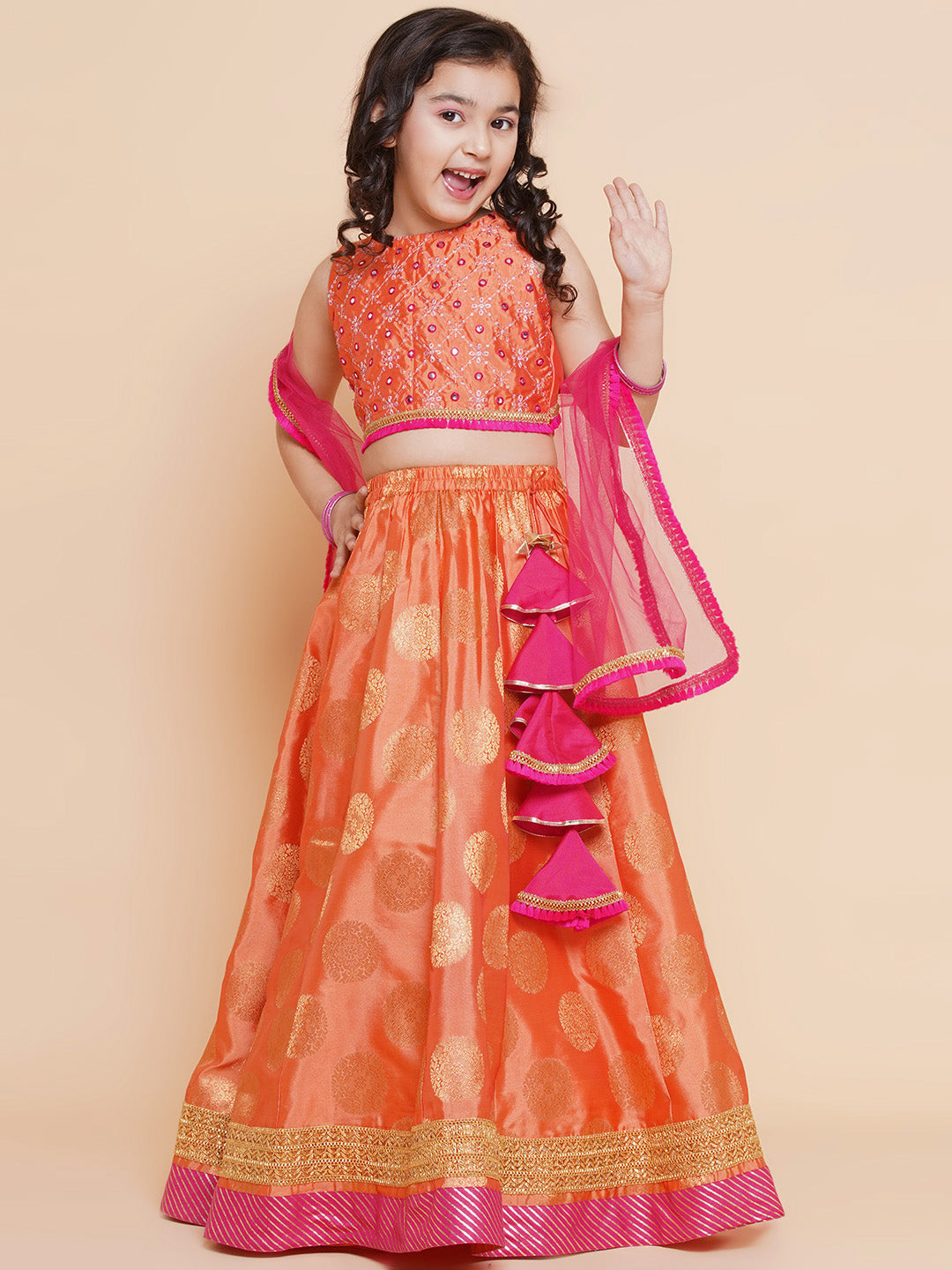 Girls Peach Mirror Embroidered Lace Detailed Choli With Lehenga And Dupatta - Bitiya By Bhama