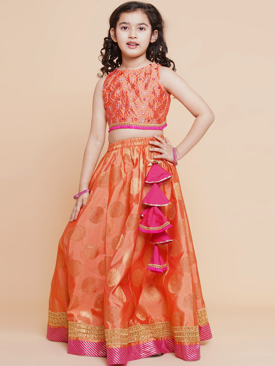 Girls Peach Mirror Embroidered Lace Detailed Choli With Lehenga And Dupatta - Bitiya By Bhama