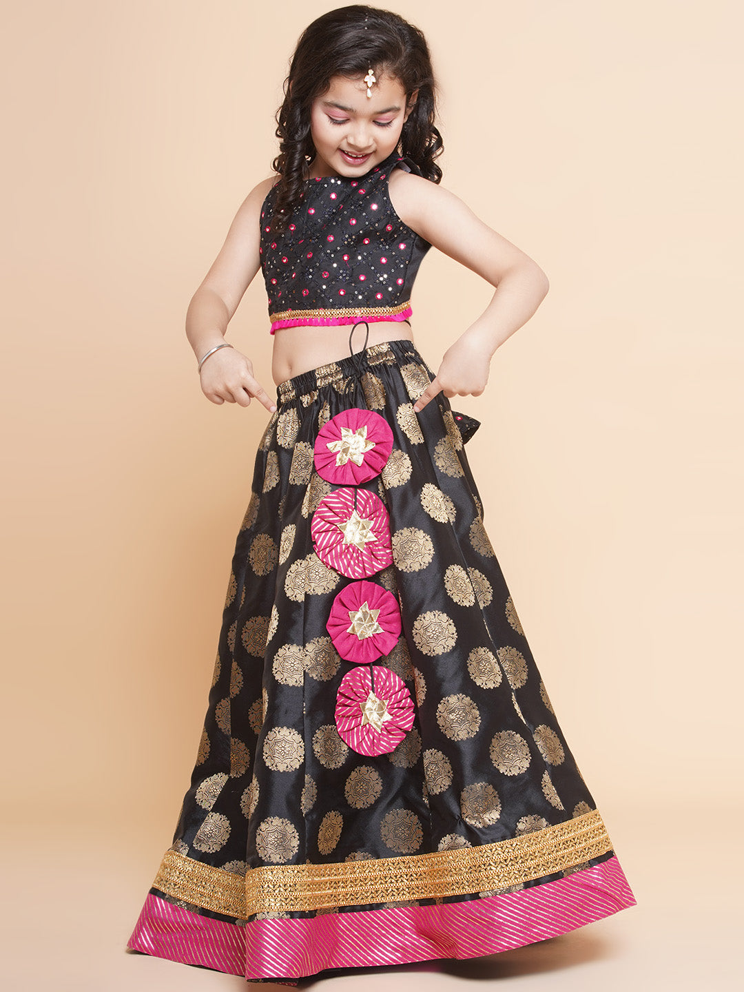 Girls Black & Gold-Toned Embroidered Ready To Wear Lehenga & Blouse With Dupatta - Bitiya By Bhama