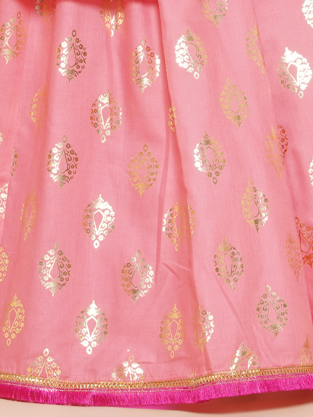 Girls Peach Foil Printed Lace Work Lehenga,Choli With Dupatta. - Bitiya By Bhama