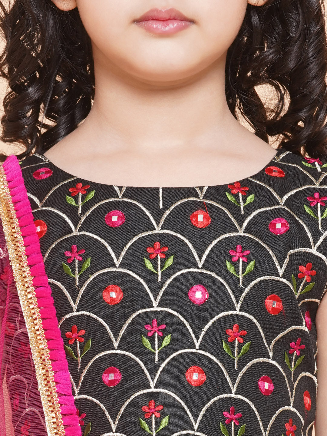 Girls Black Embroidered Choli, With Printed Lehenga Has A Dupatta - Bitiya By Bhama