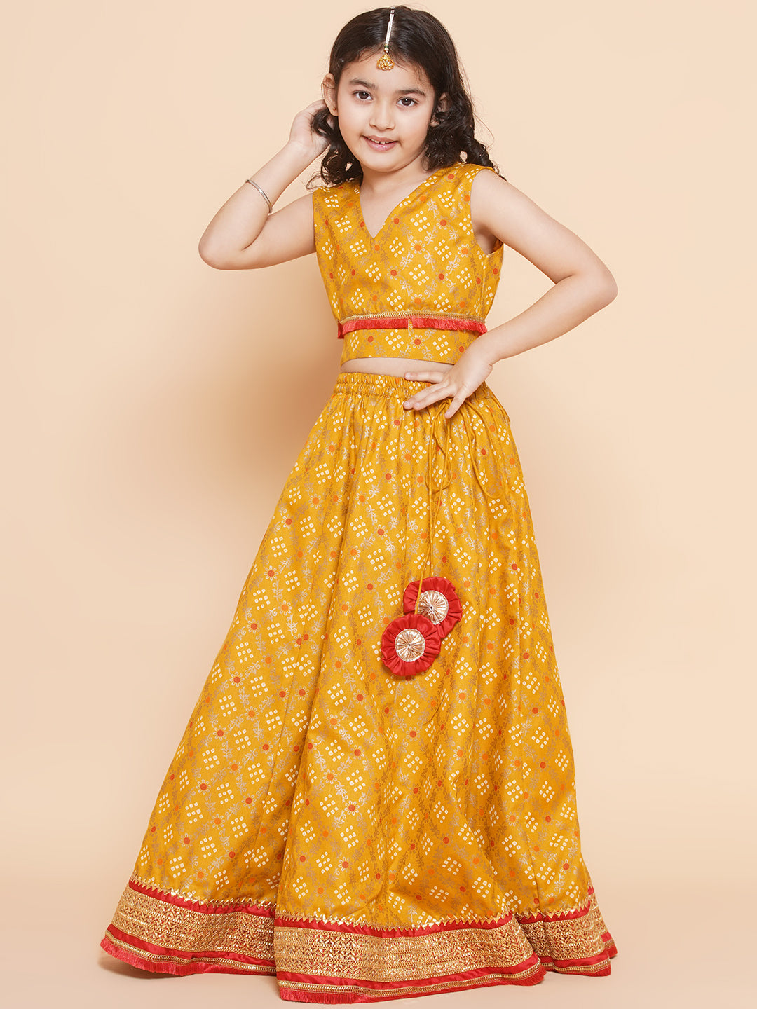 Girls Yellow Mustard Bandhej Printed Lace Work Lehanga,Choli With Dupatta. - Bitiya By Bhama