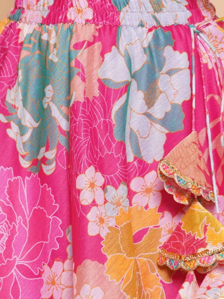 Girls Pink Flower Digital Multi Print Lace Work Choli With Ready To Wear Lehenga.