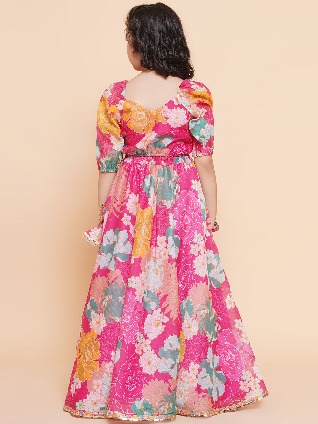 Girls Pink Flower Digital Multi Print Lace Work Choli With Ready To Wear Lehenga. - Bitiya By Bhama