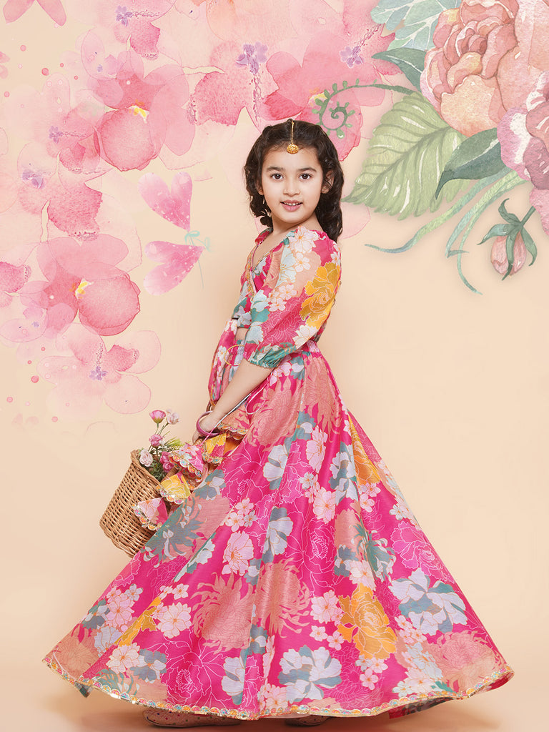 Girls Pink Flower Digital Multi Print Lace Work Choli With Ready To Wear Lehenga.