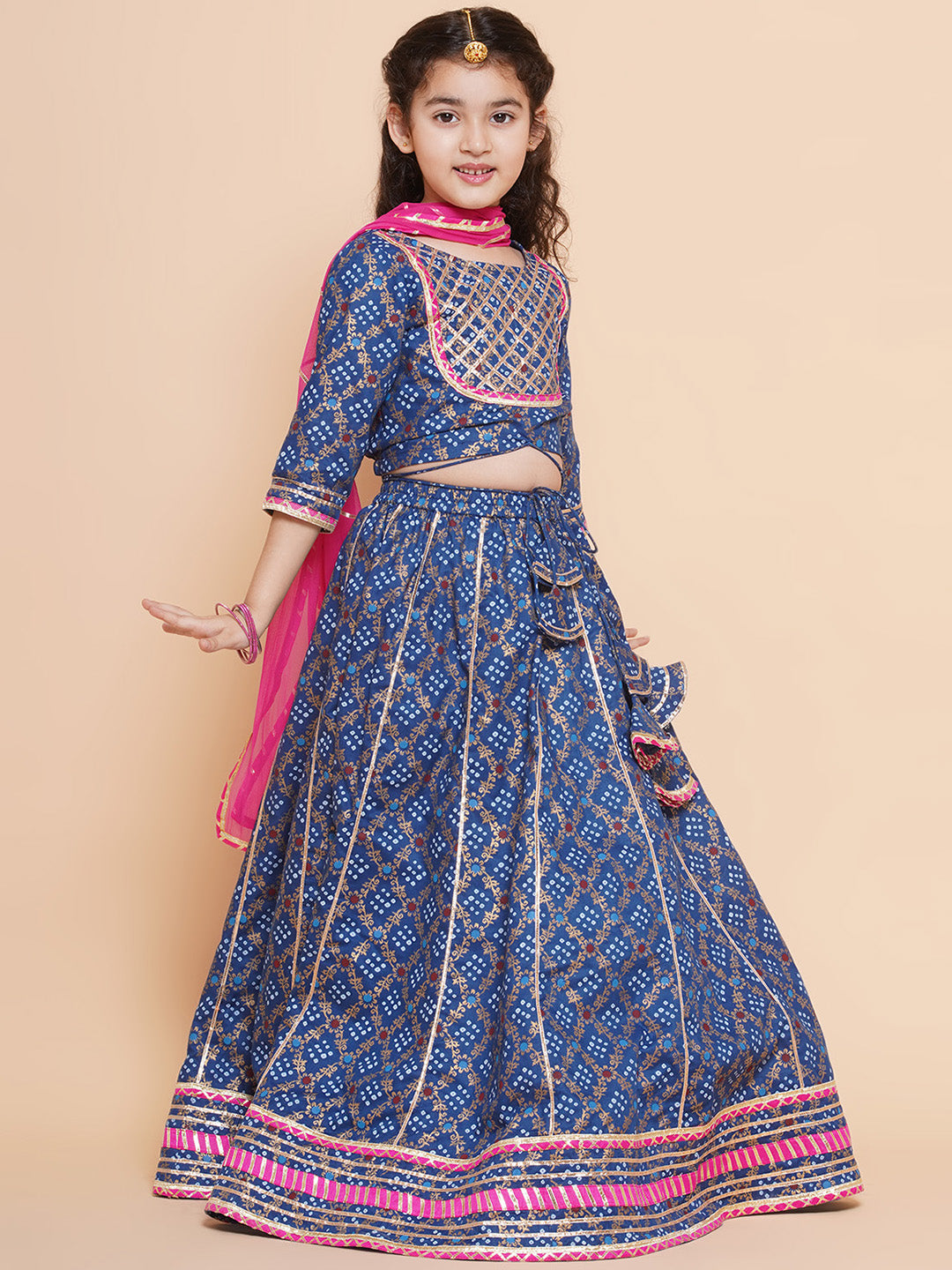Girls Blue & Pink Printed Ready To Wear Lehenga & Blouse With Dupatta - Bitiya By Bhama