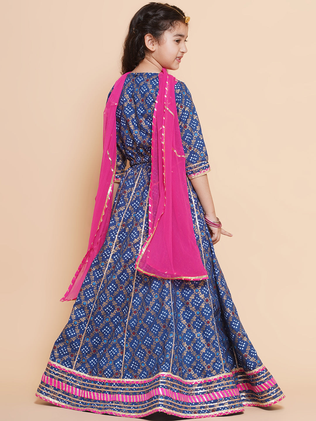 Girls Blue & Pink Printed Ready To Wear Lehenga & Blouse With Dupatta - Bitiya By Bhama