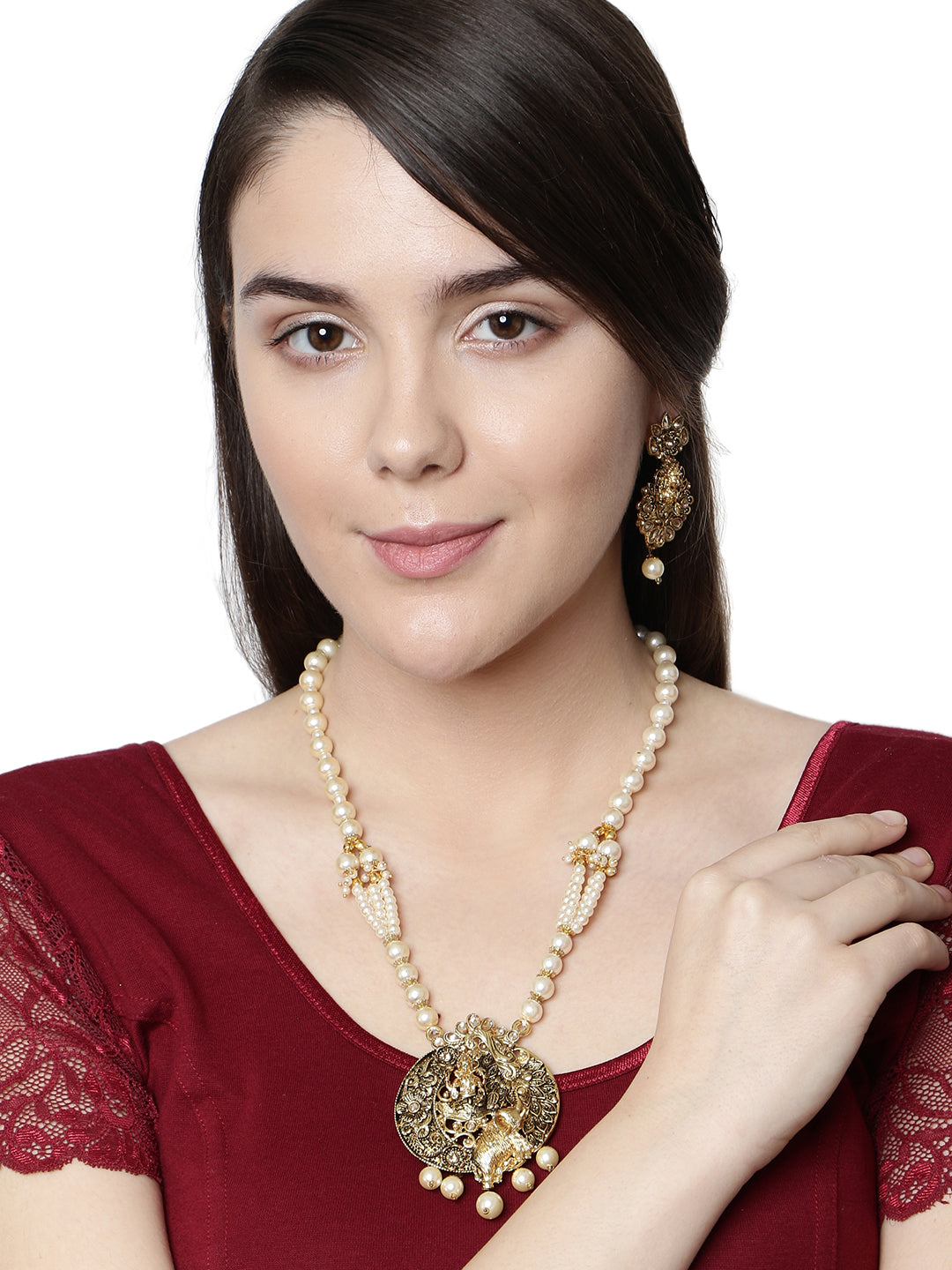 Women's Antique Matte Gold Finish Meenakari  Pearl Temple Jewellery