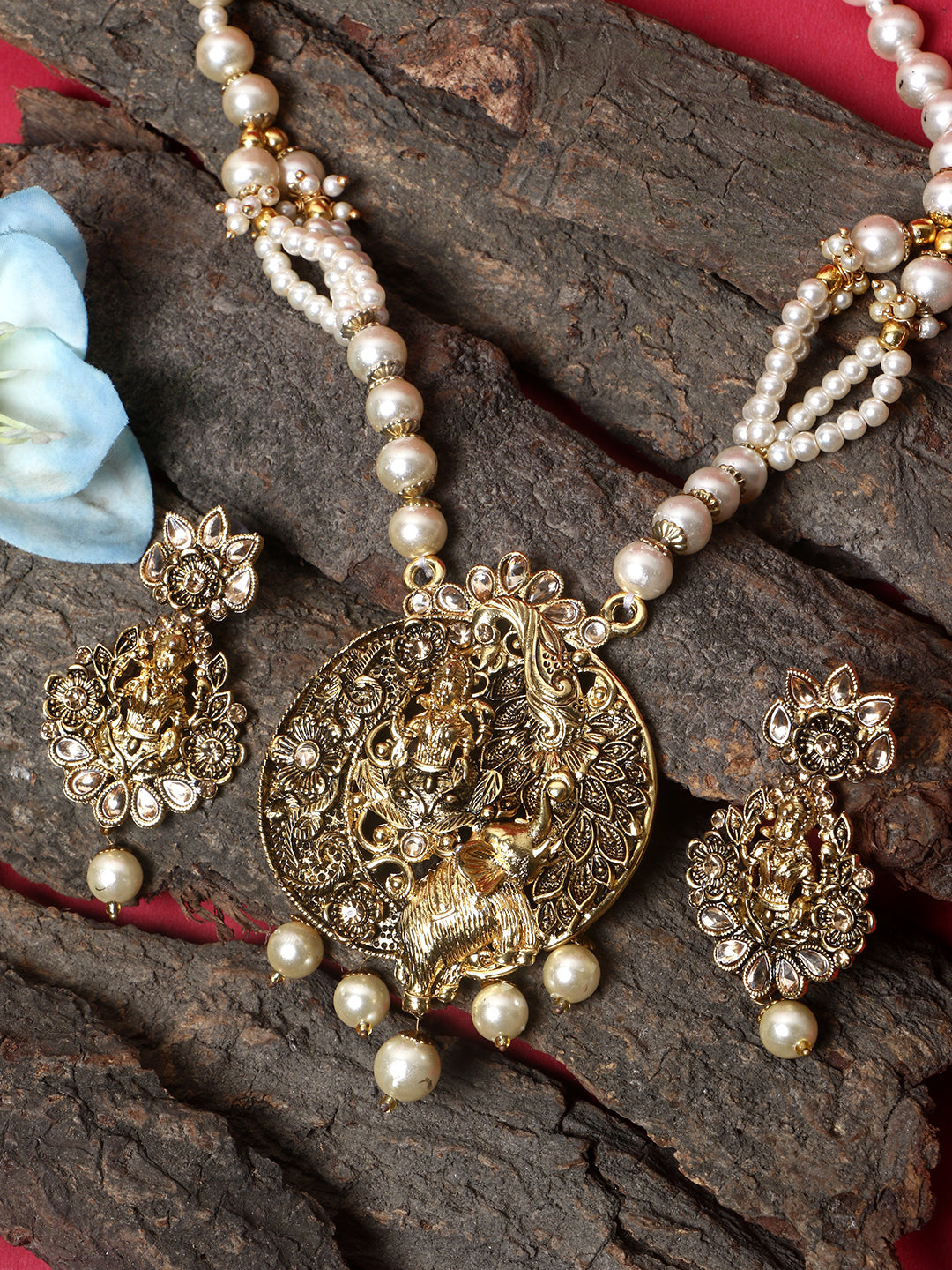 Women's Antique Matte Gold Finish Meenakari  Pearl Temple Jewellery