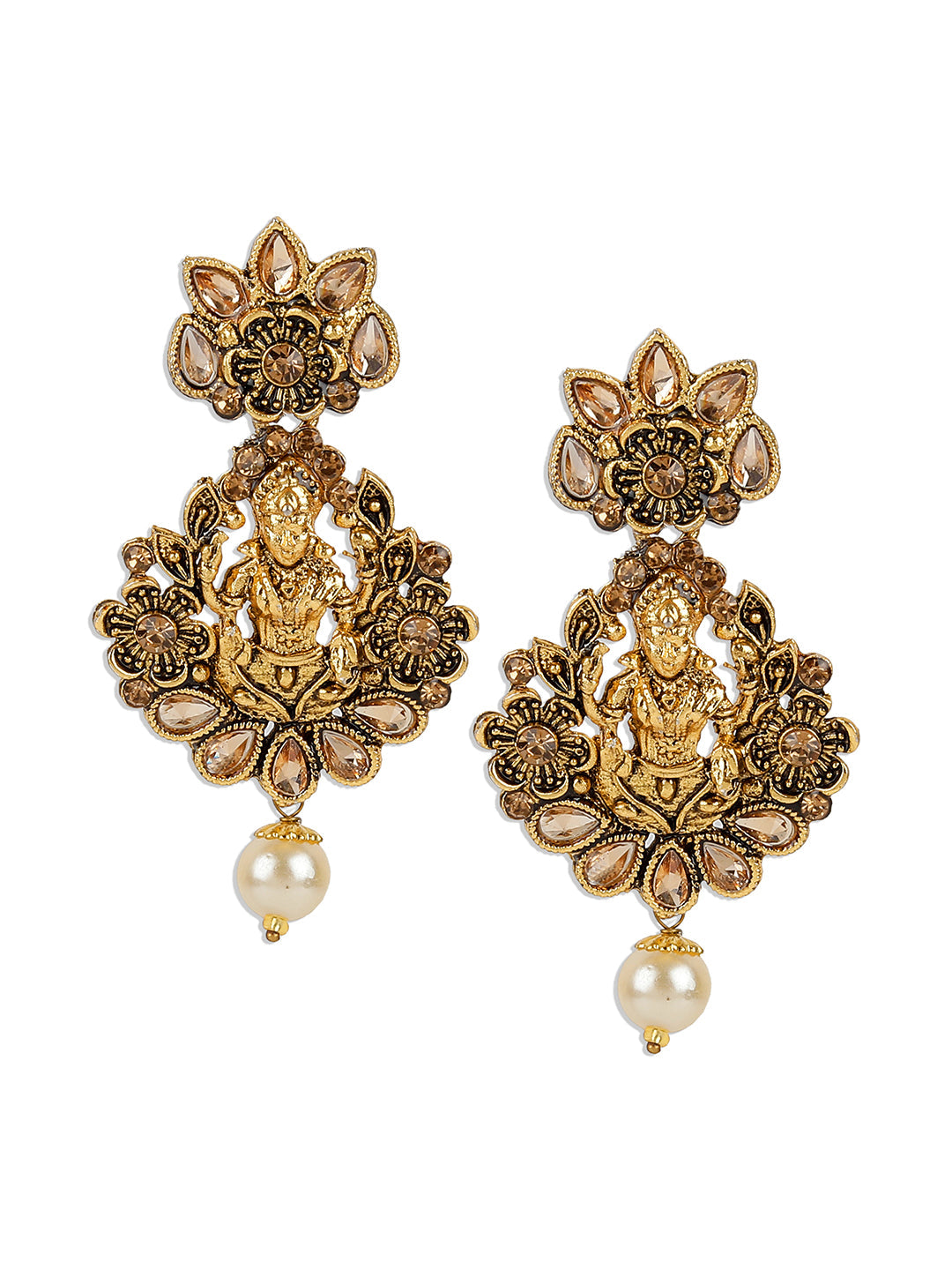 Women's Antique Matte Gold Finish Meenakari  Pearl Temple Jewellery
