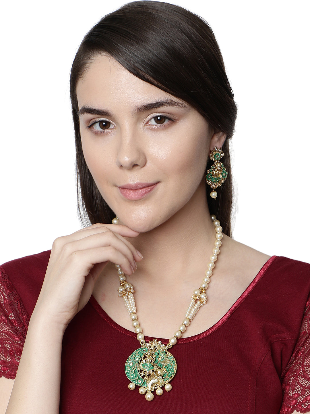 Women's Antique Matte Gold Finish Meenakari  Pearl Temple Jewellery