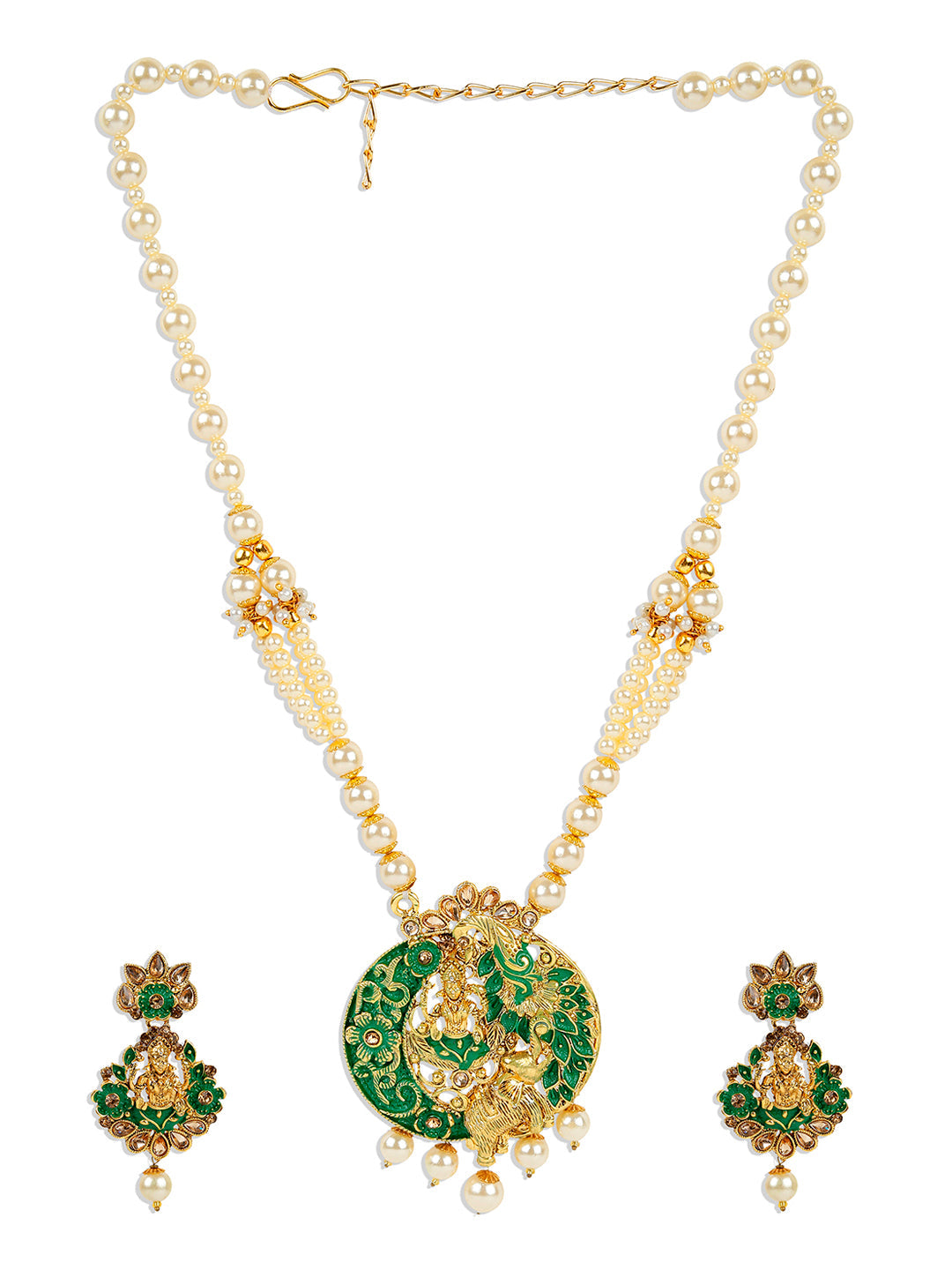 Women's Antique Matte Gold Finish Meenakari  Pearl Temple Jewellery