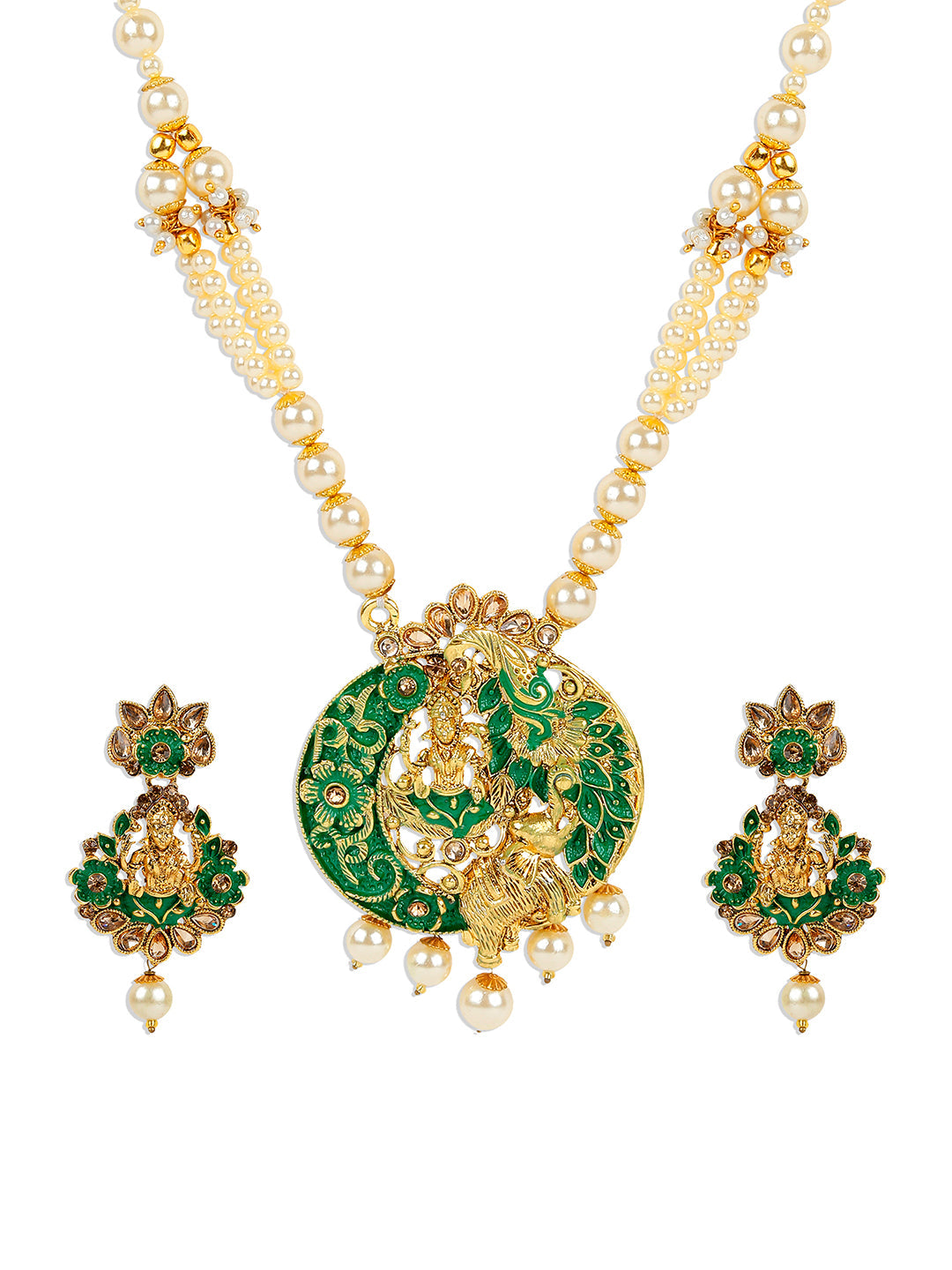 Women's Antique Matte Gold Finish Meenakari  Pearl Temple Jewellery