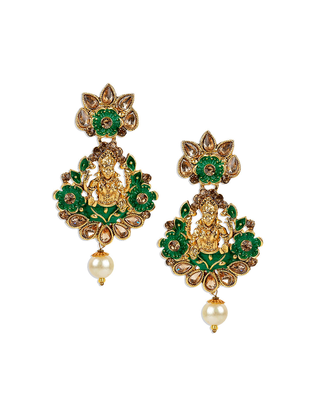 Women's Antique Matte Gold Finish Meenakari  Pearl Temple Jewellery