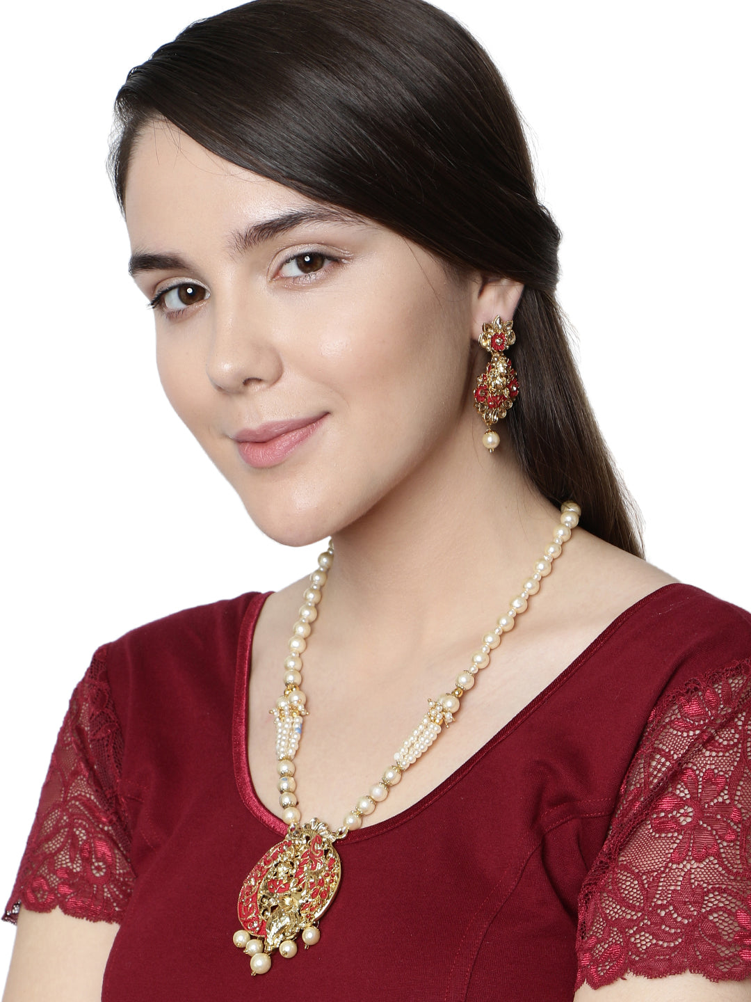 Women's Antique Matte Gold Finish Meenakari  Pearl Temple Jewellery