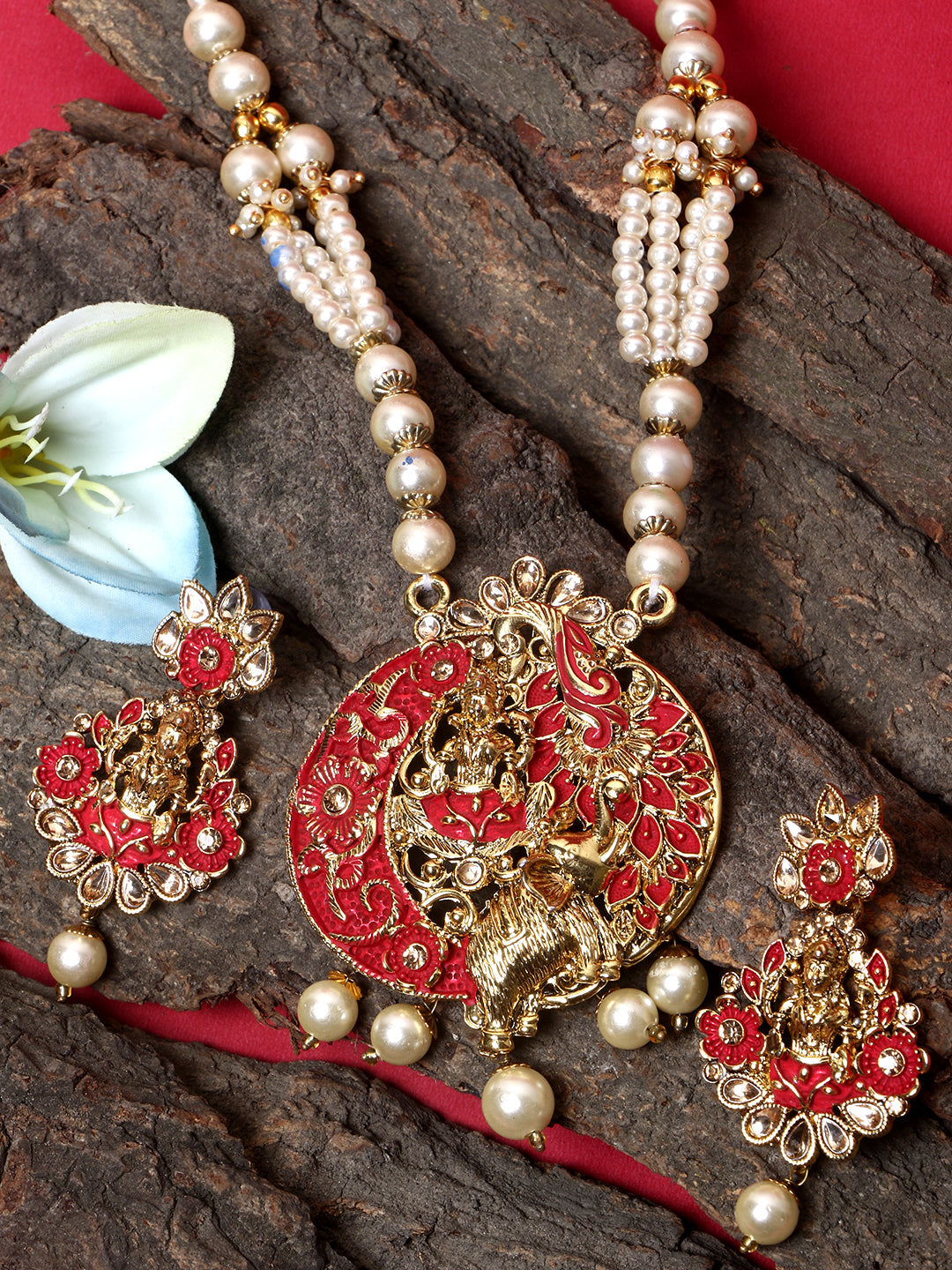 Women's Antique Matte Gold Finish Meenakari  Pearl Temple Jewellery