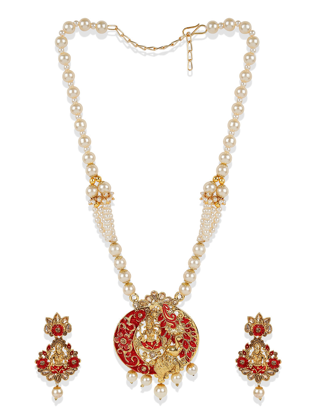 Women's Antique Matte Gold Finish Meenakari  Pearl Temple Jewellery