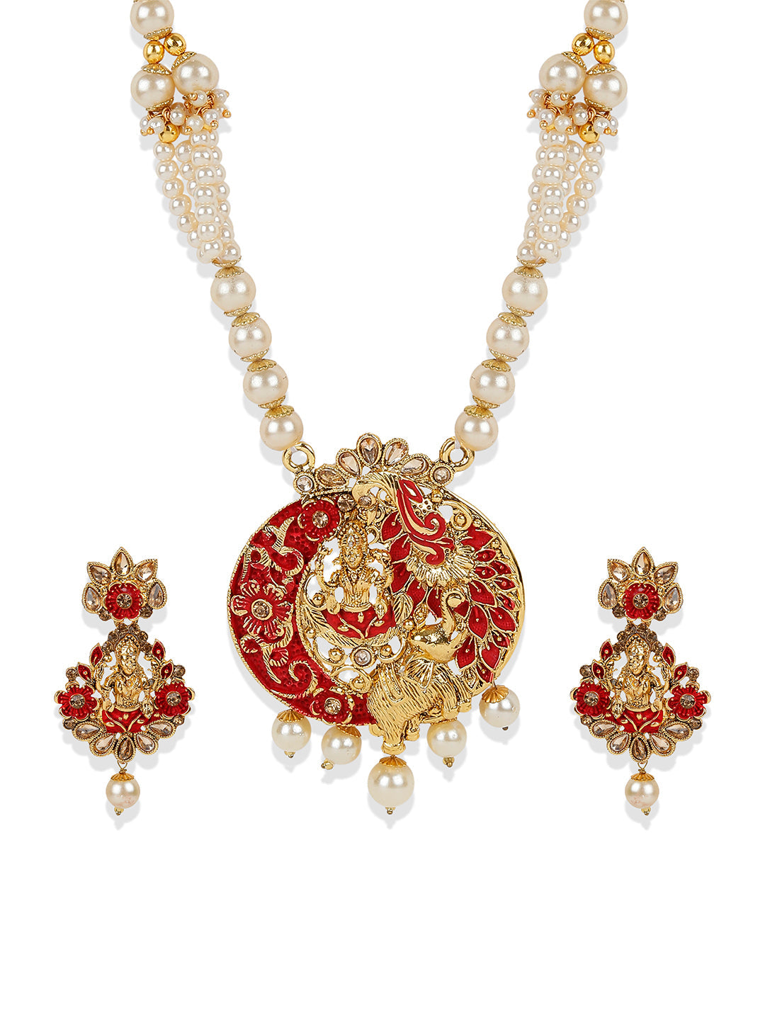 Women's Antique Matte Gold Finish Meenakari  Pearl Temple Jewellery