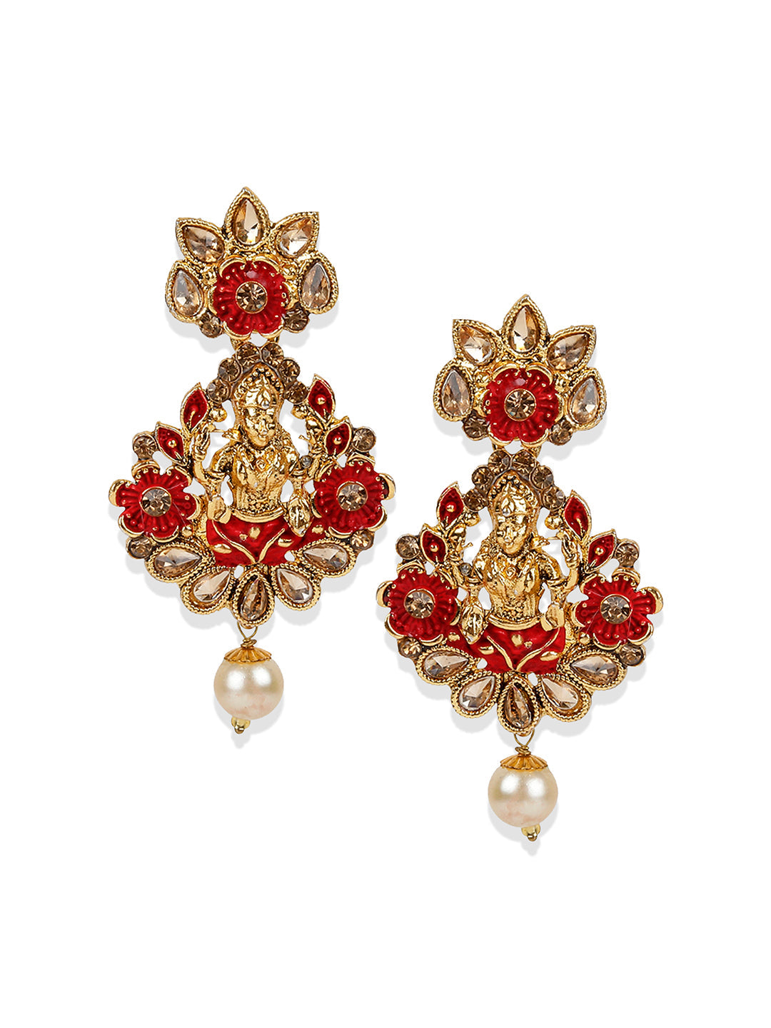 Women's Antique Matte Gold Finish Meenakari  Pearl Temple Jewellery