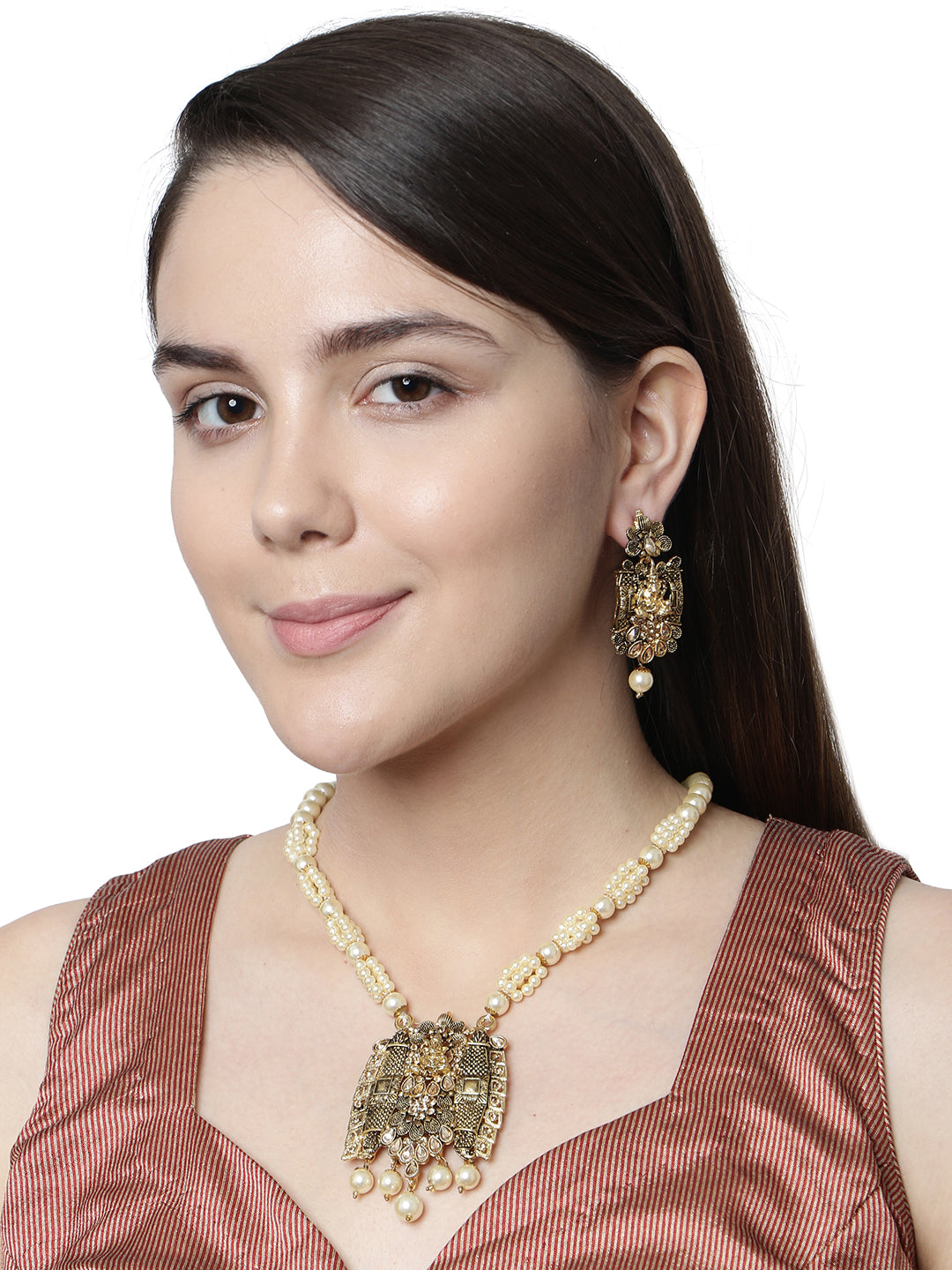 Women's Antique Matte Gold Finish Meenakari  Pearl Temple Jewellery