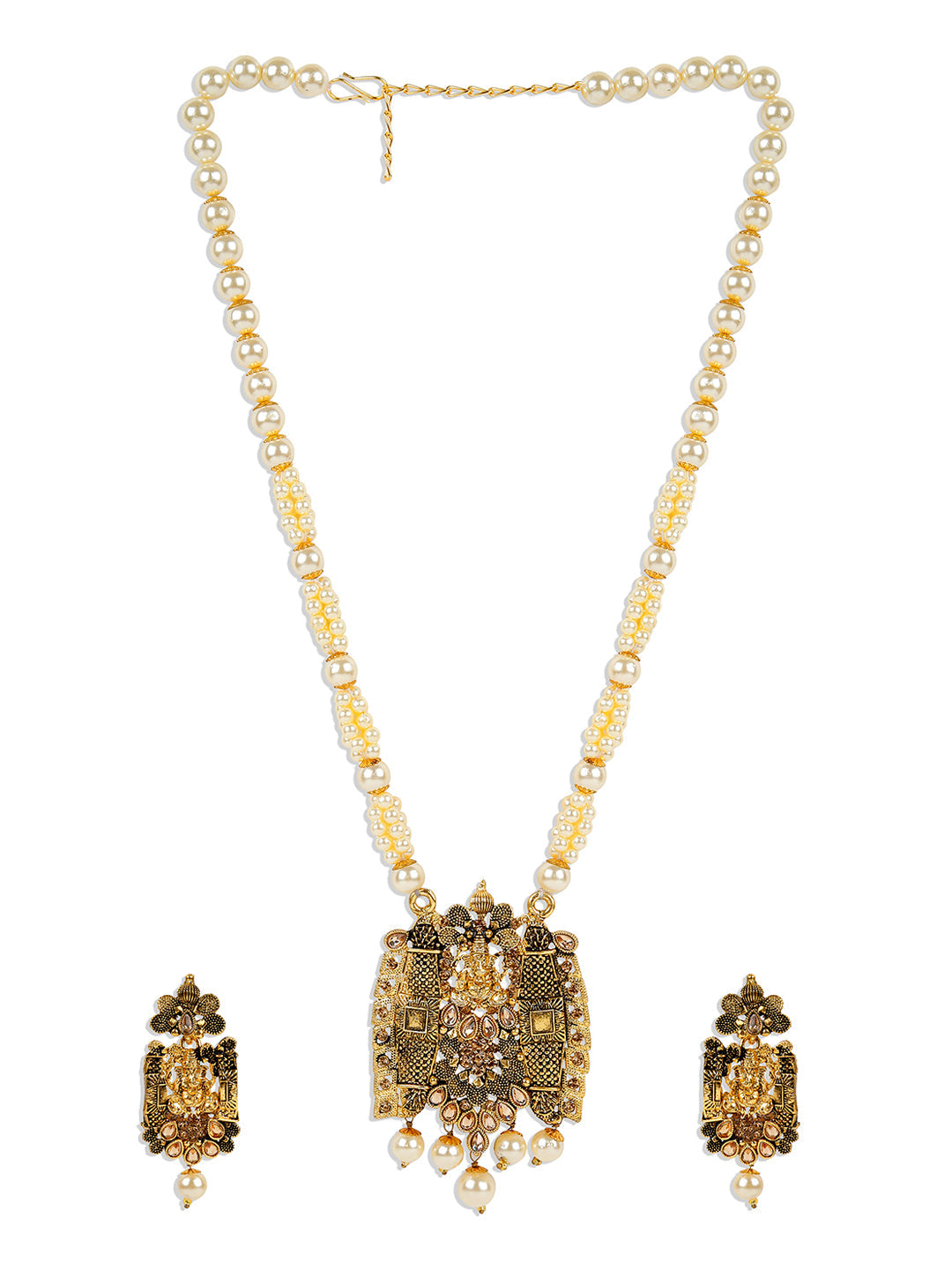 Women's Antique Matte Gold Finish Meenakari  Pearl Temple Jewellery