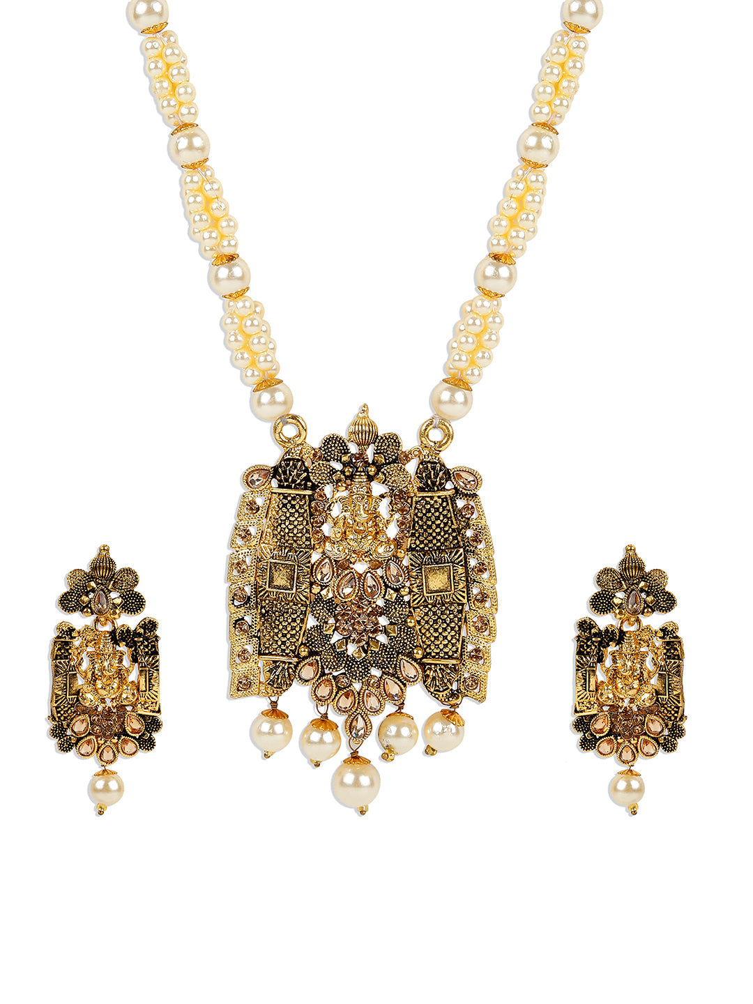 Women's Antique Matte Gold Finish Meenakari  Pearl Temple Jewellery