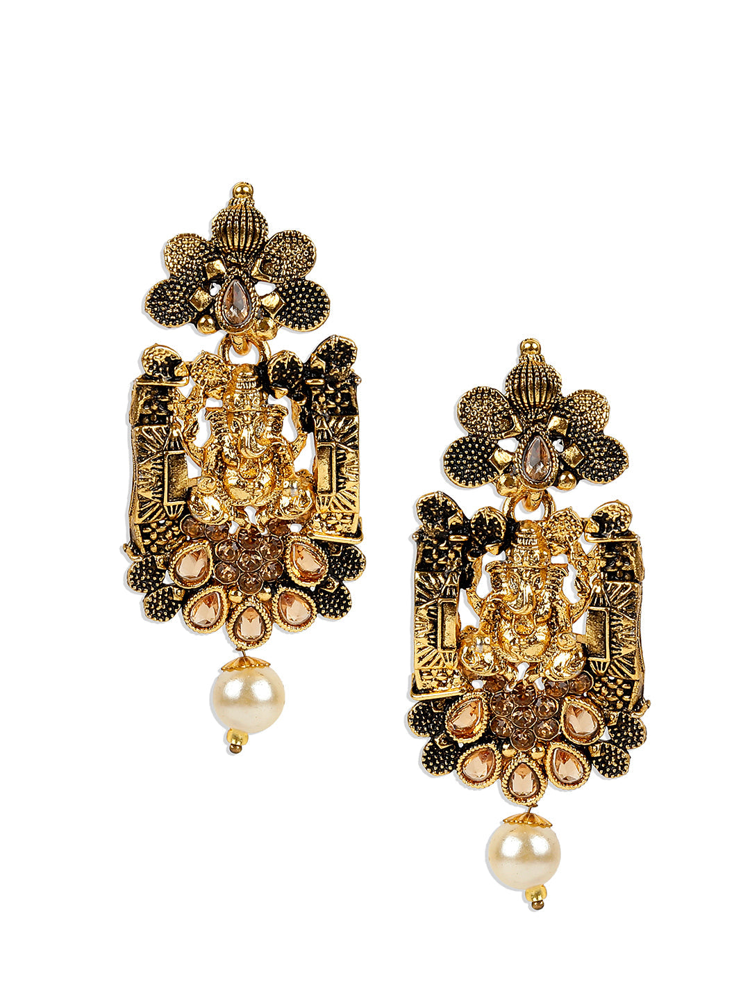 Women's Antique Matte Gold Finish Meenakari  Pearl Temple Jewellery
