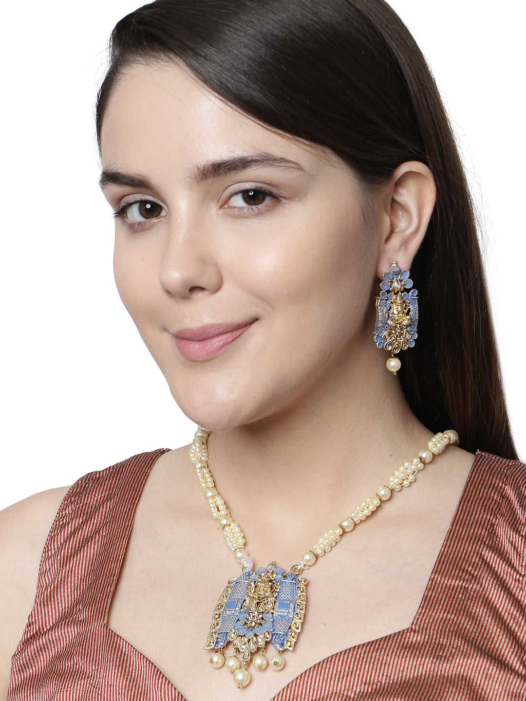 Women's Antique Matte Gold Finish Meenakari  Pearl Temple Jewellery