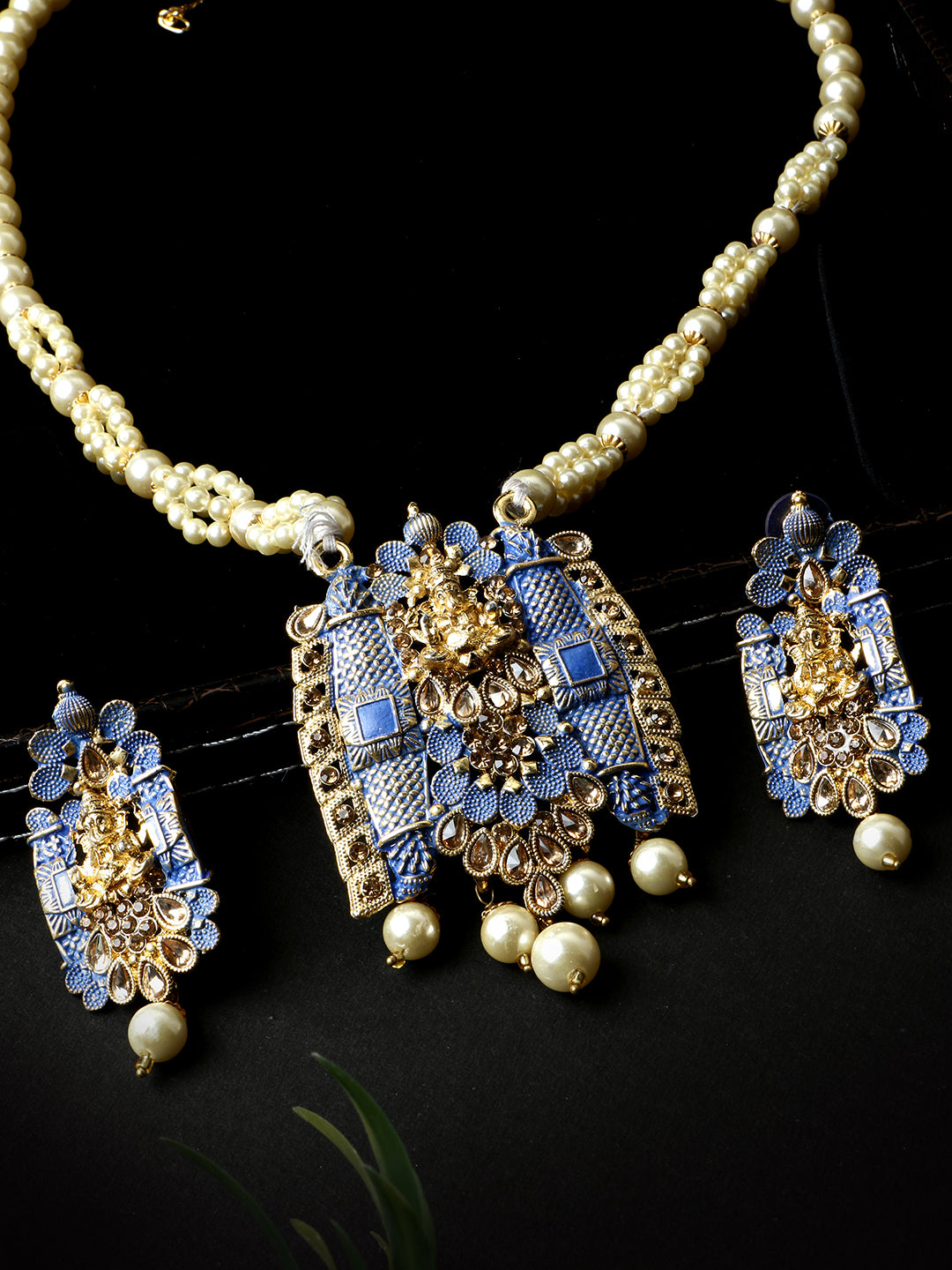 Women's Antique Matte Gold Finish Meenakari  Pearl Temple Jewellery