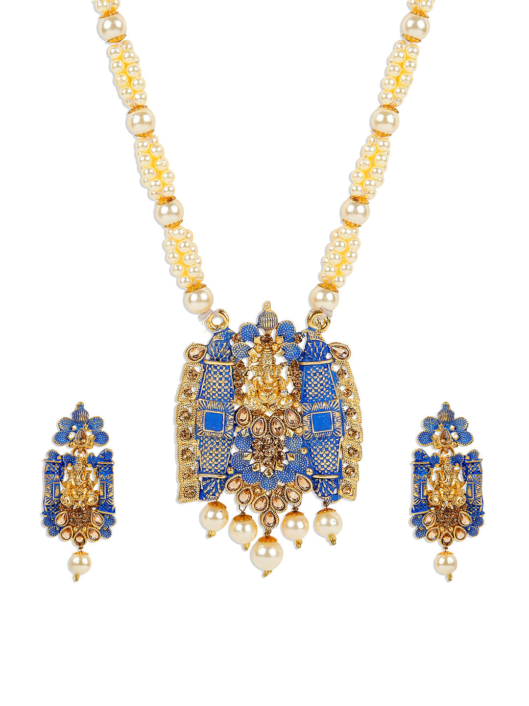 Women's Antique Matte Gold Finish Meenakari  Pearl Temple Jewellery