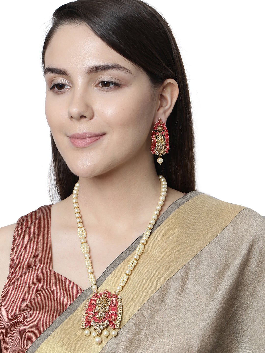 Women's Antique Matte Gold Finish Meenakari  Pearl Temple Jewellery