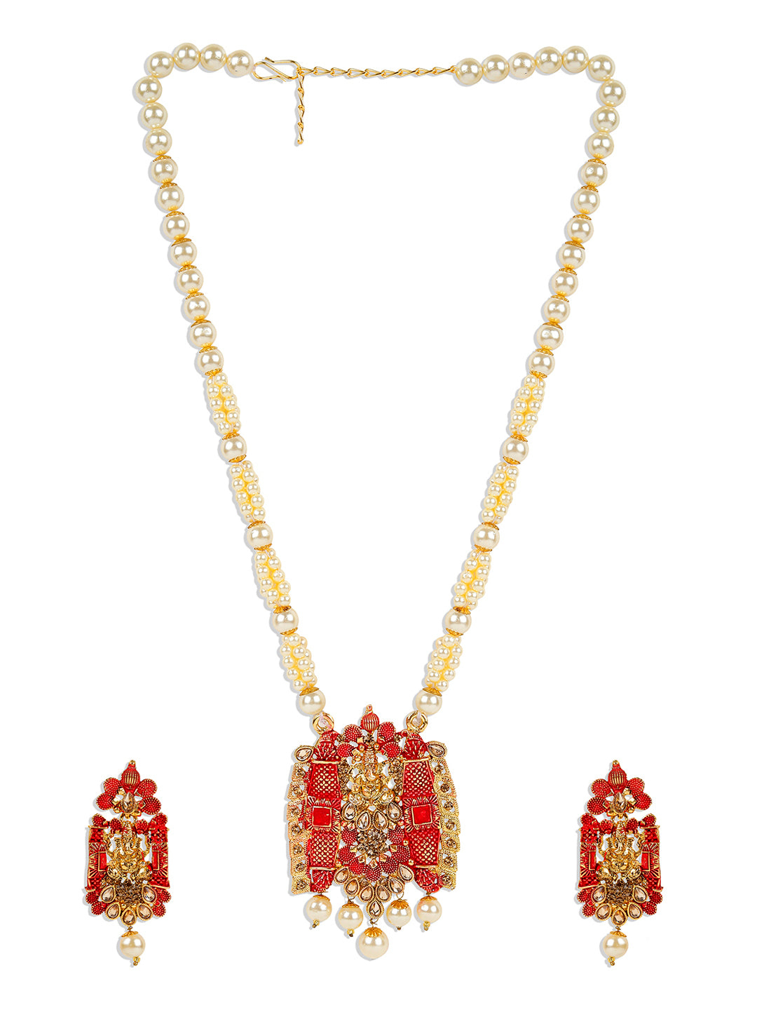 Women's Antique Matte Gold Finish Meenakari  Pearl Temple Jewellery