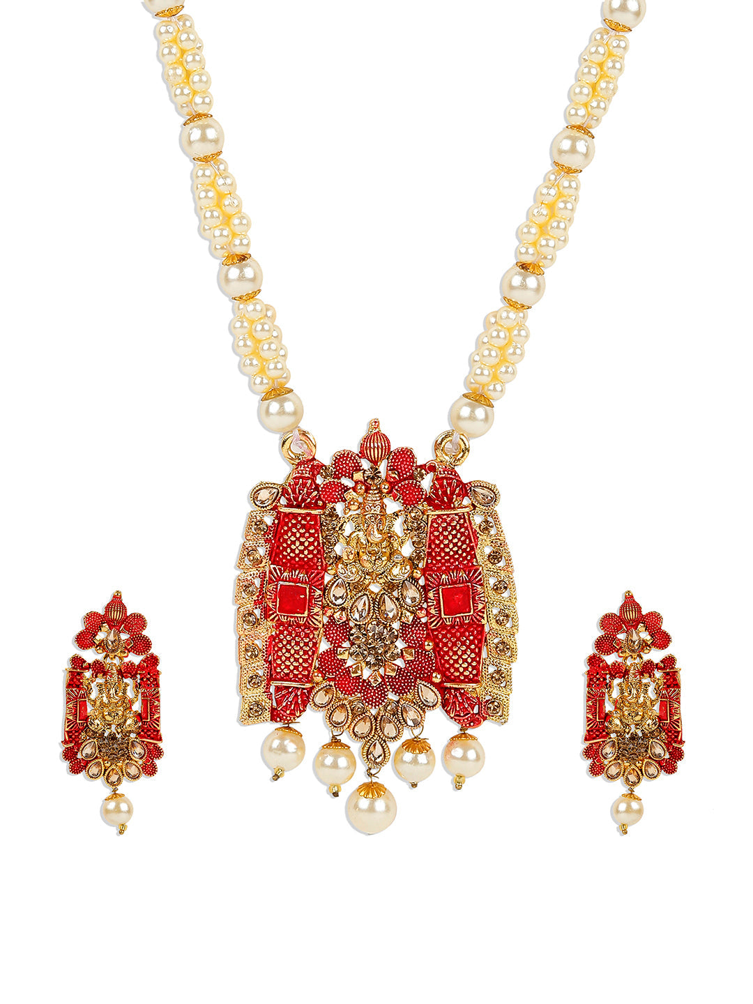 Women's Antique Matte Gold Finish Meenakari  Pearl Temple Jewellery