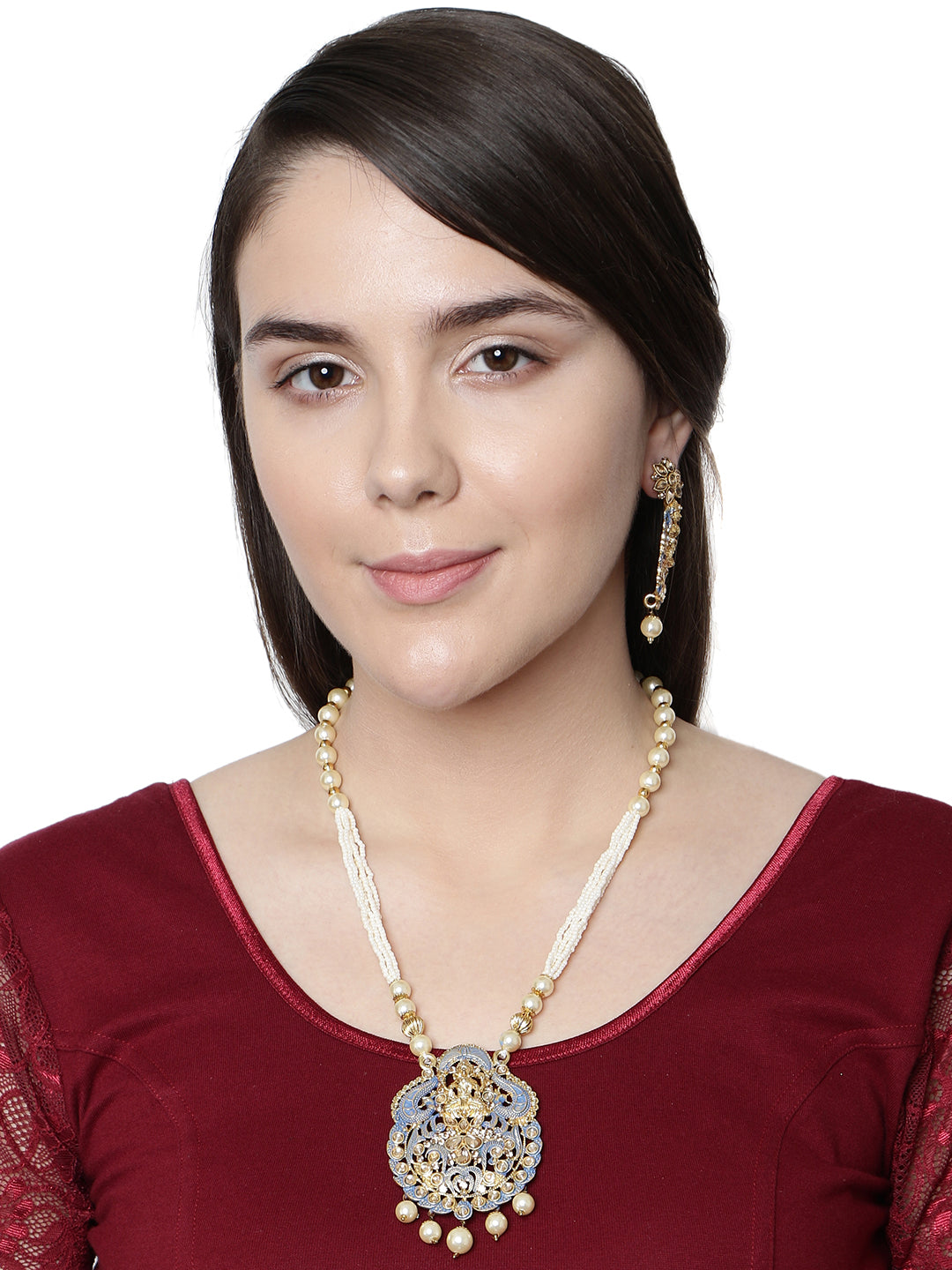 Women's Antique Matte Gold Finish Meenakari  Pearl Temple Jewellery