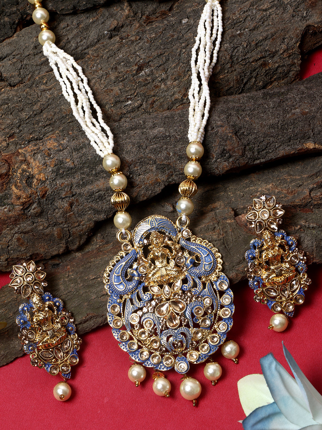 Women's Antique Matte Gold Finish Meenakari  Pearl Temple Jewellery